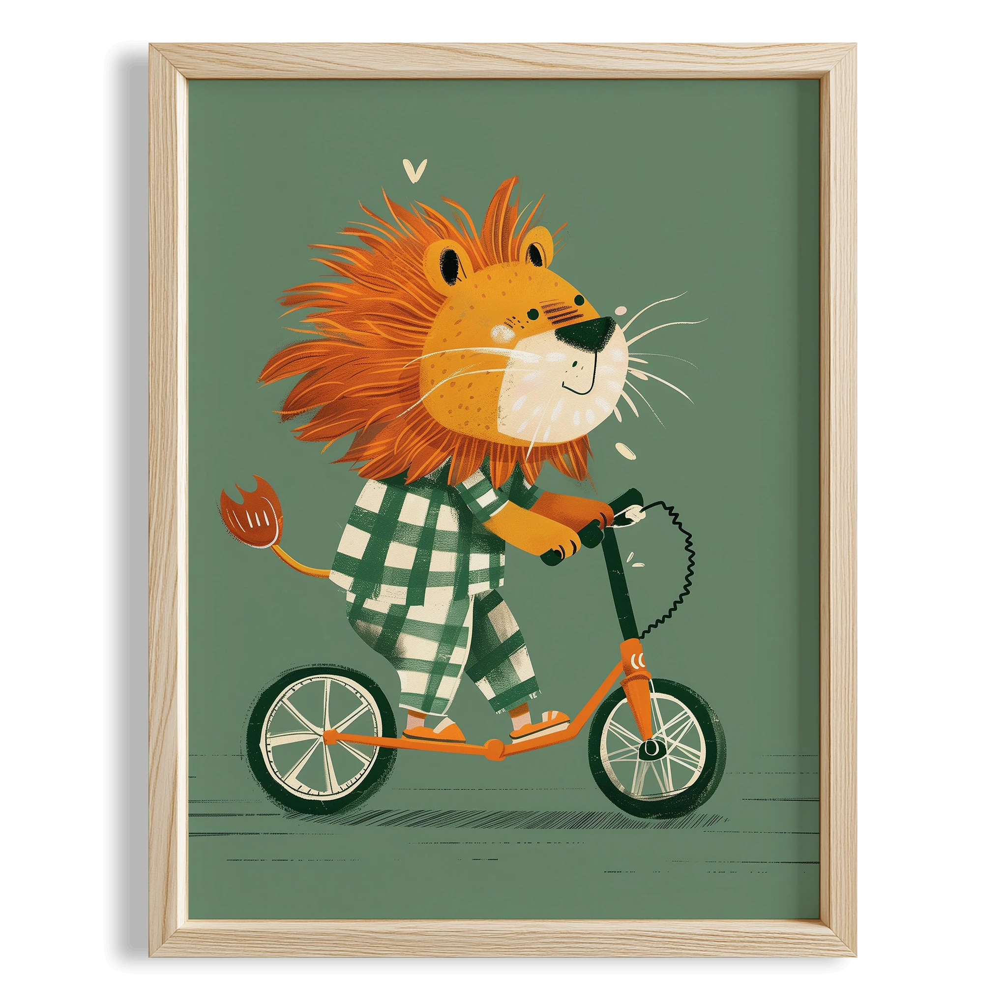 Bisiklet Süren Aslan Yeşil Fonlu Erkek Çocuk Odası Ahşap Tablo