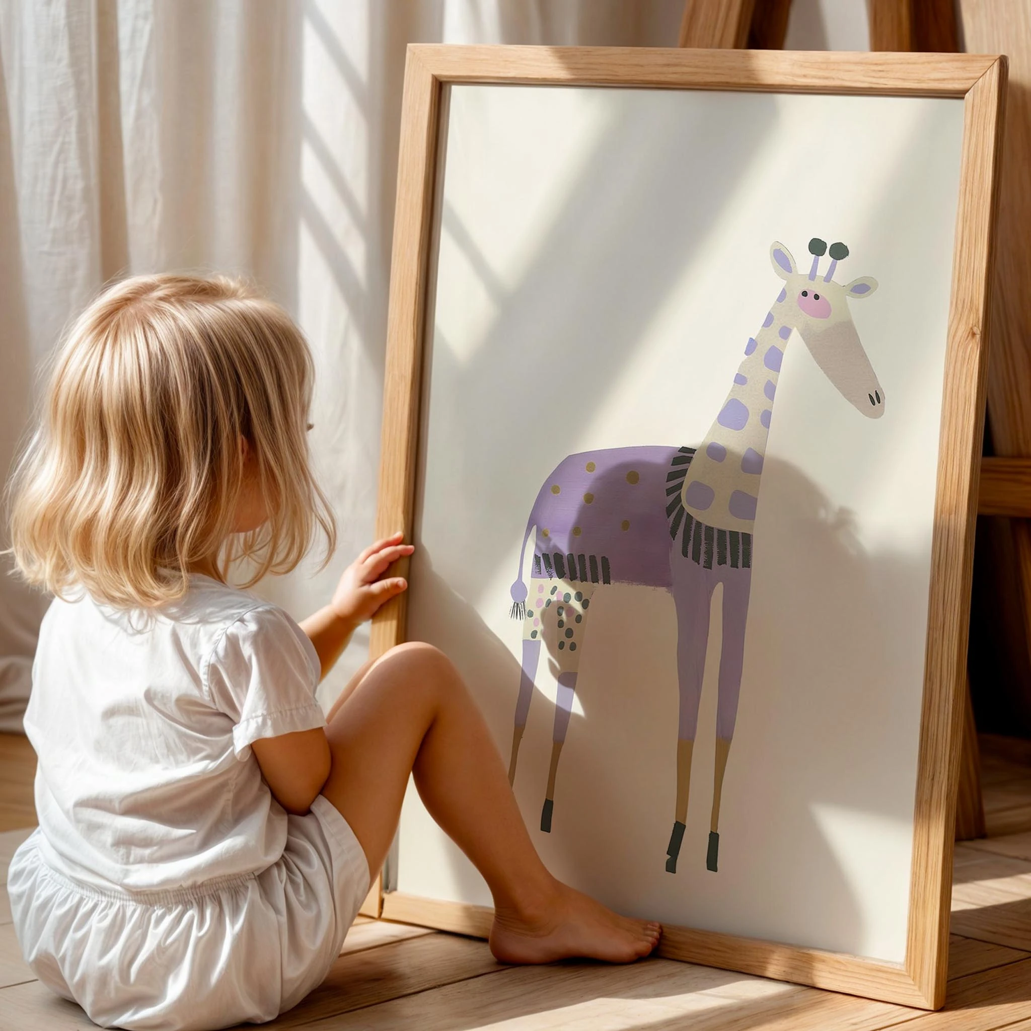 Desenli Zürafa - Eklektik Tarzda Çocuk Odası Dekorasyonu Ahşap Çerçeveli Duvar Tablosu