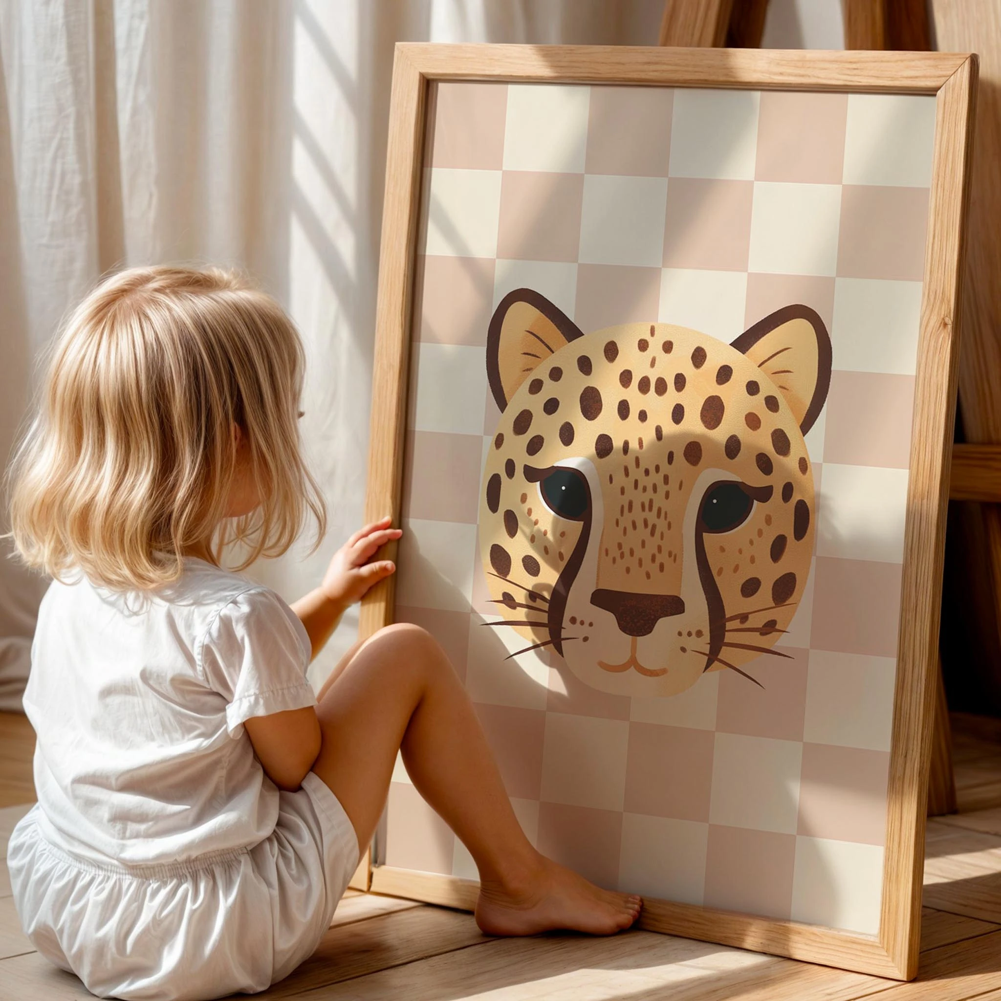 Kaplan Sevimli Safari Hayvanları Pembe Kareli Fonlu Çocuk Odası Ahşap Tablo