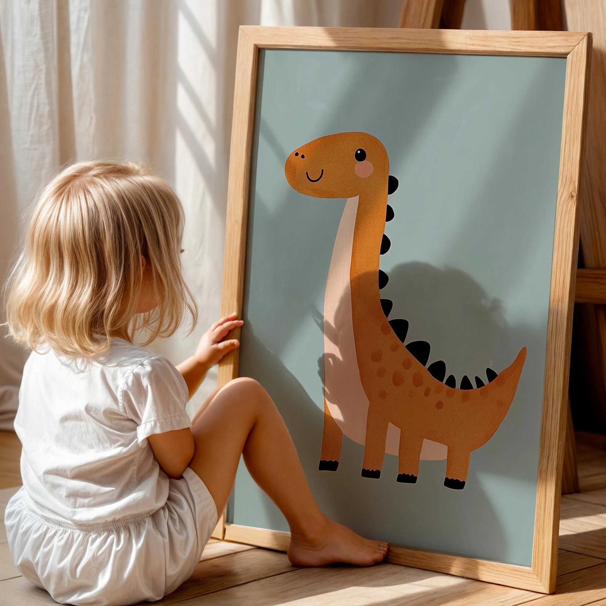 Gülen Dinozor Temalı Mavi Fonlu Çocuk Odası Ahşap Tablo