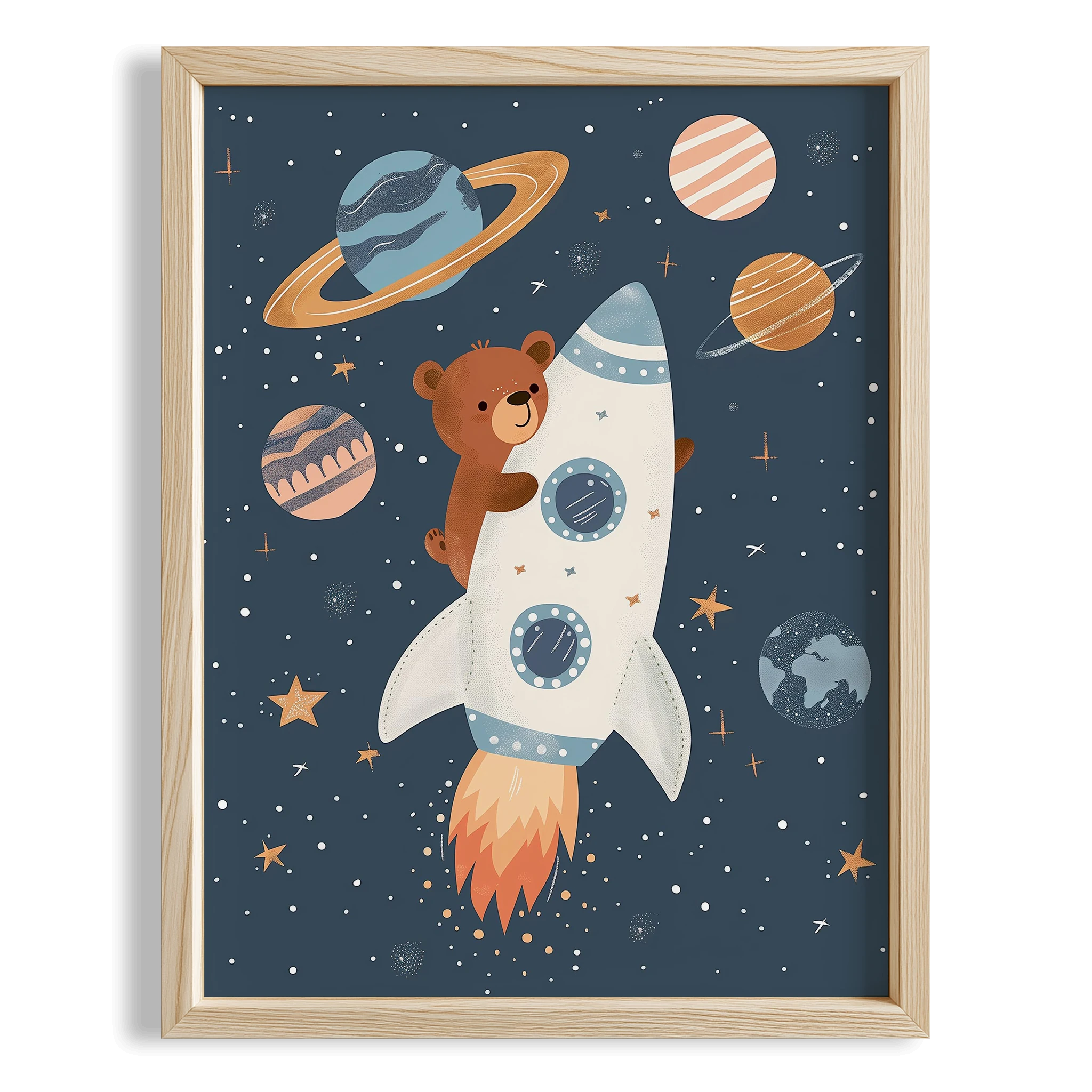 Ayıcık Roket Yıldızlar ve Gezegenler Uzay Temalı Erkek Çocuk Odası Ahşap Tablo