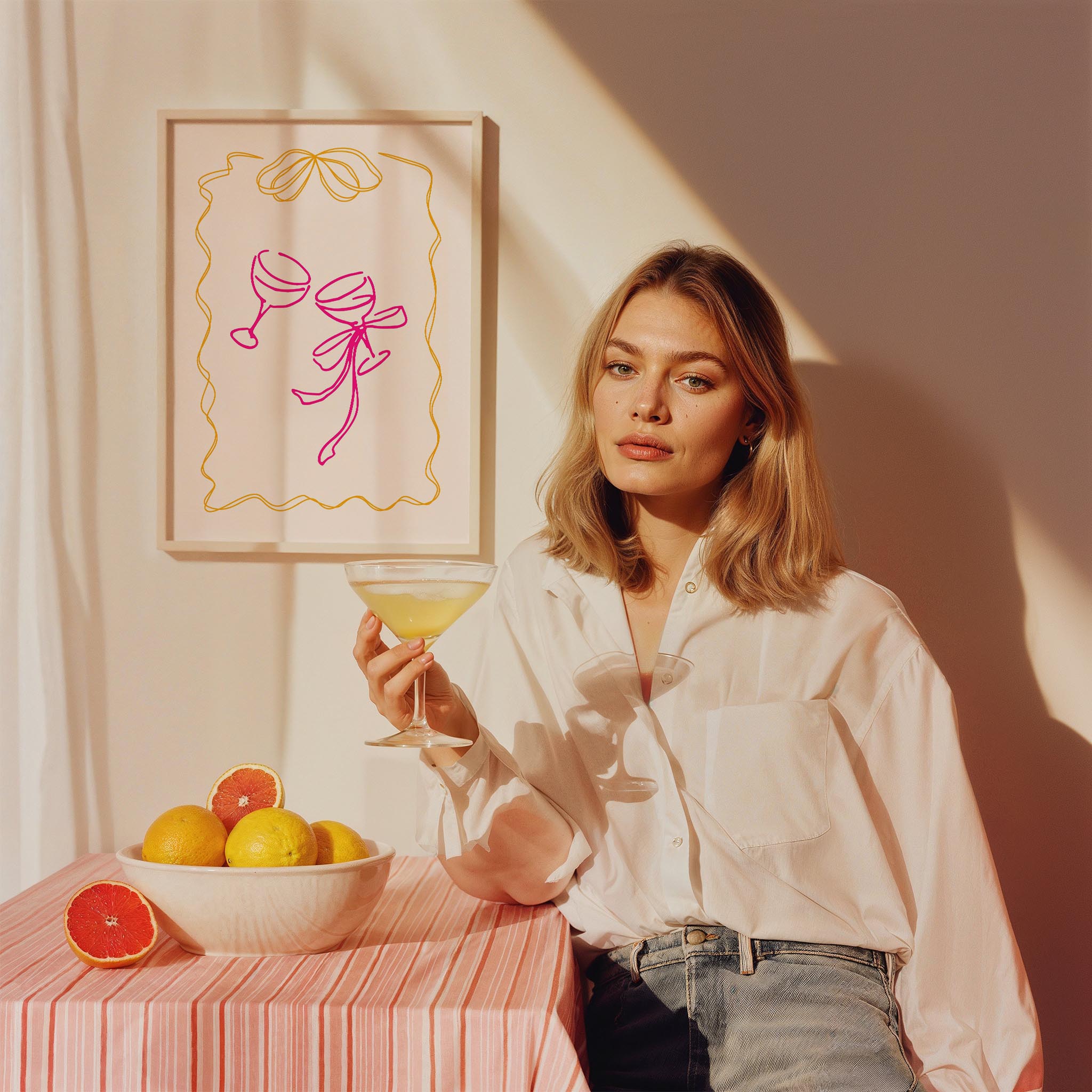 Kurdeleli Kadehler Minimal Çizim Mutfak Duvar Tablosu