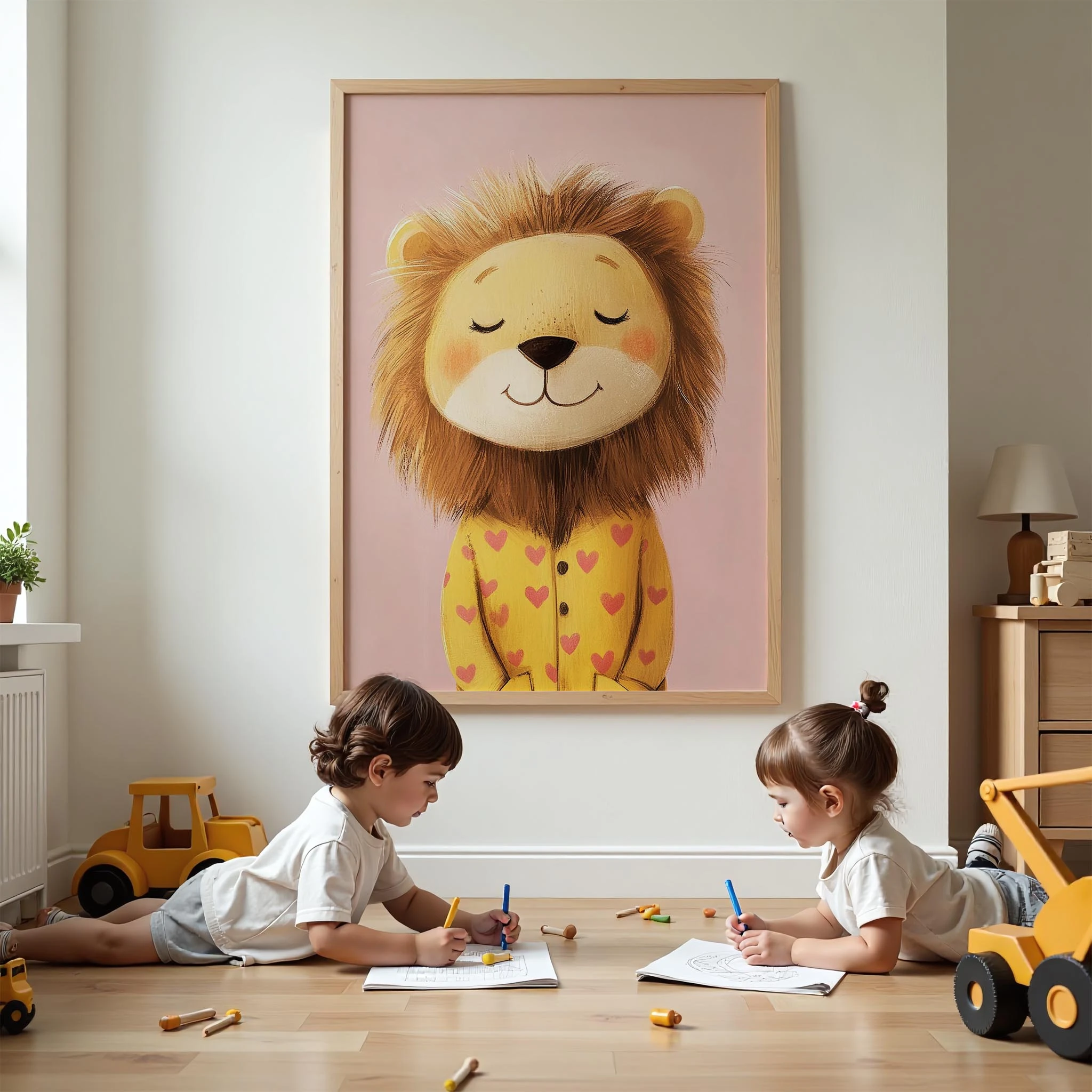 Pijamalı Uykucu Aslan - Pembe Fon