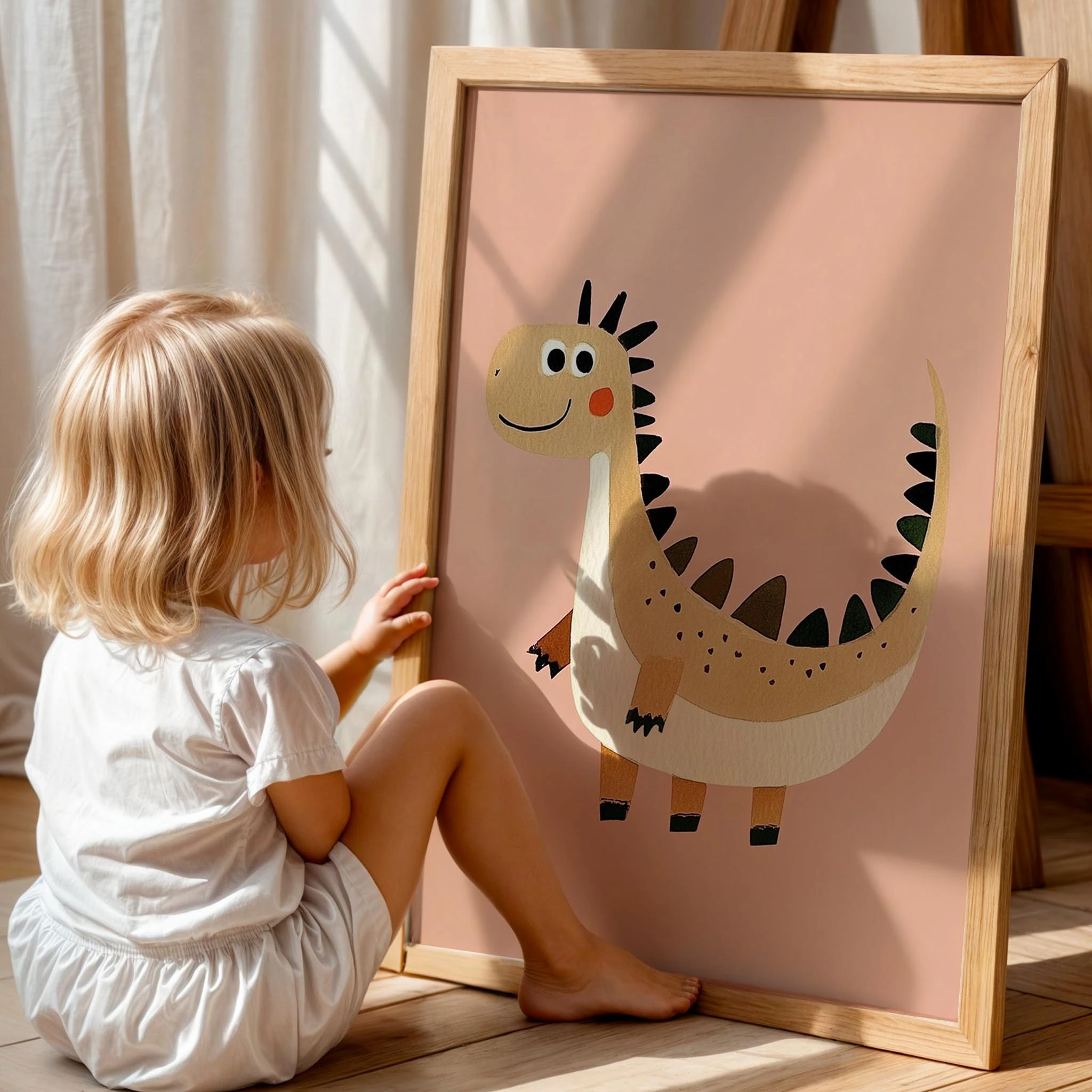 Sevimli Gülen Dinozor Temalı Pembe Fonlu Çocuk Odası Ahşap Tablo II