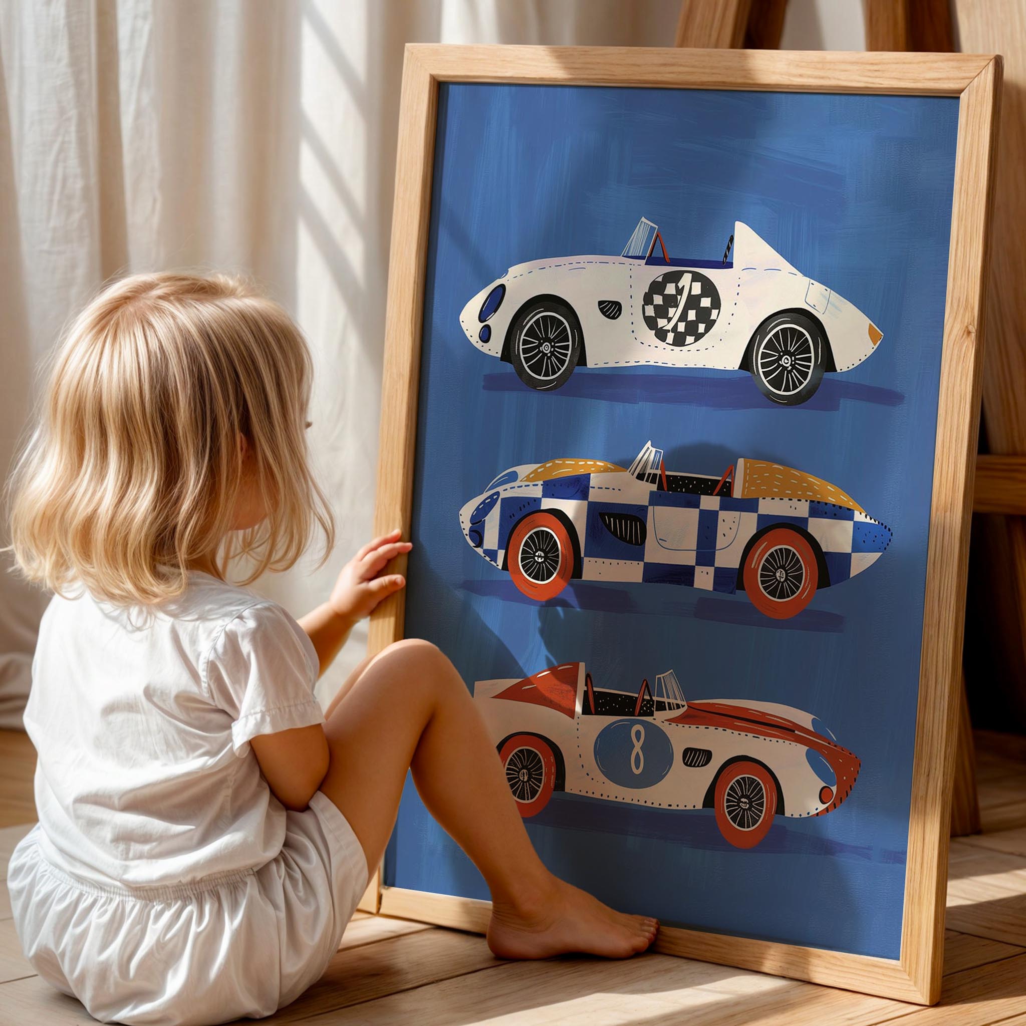 Spor Arabalar Mavi Fonlu Araba Temalı Erkek Çocuk Odası Ahşap Tablo