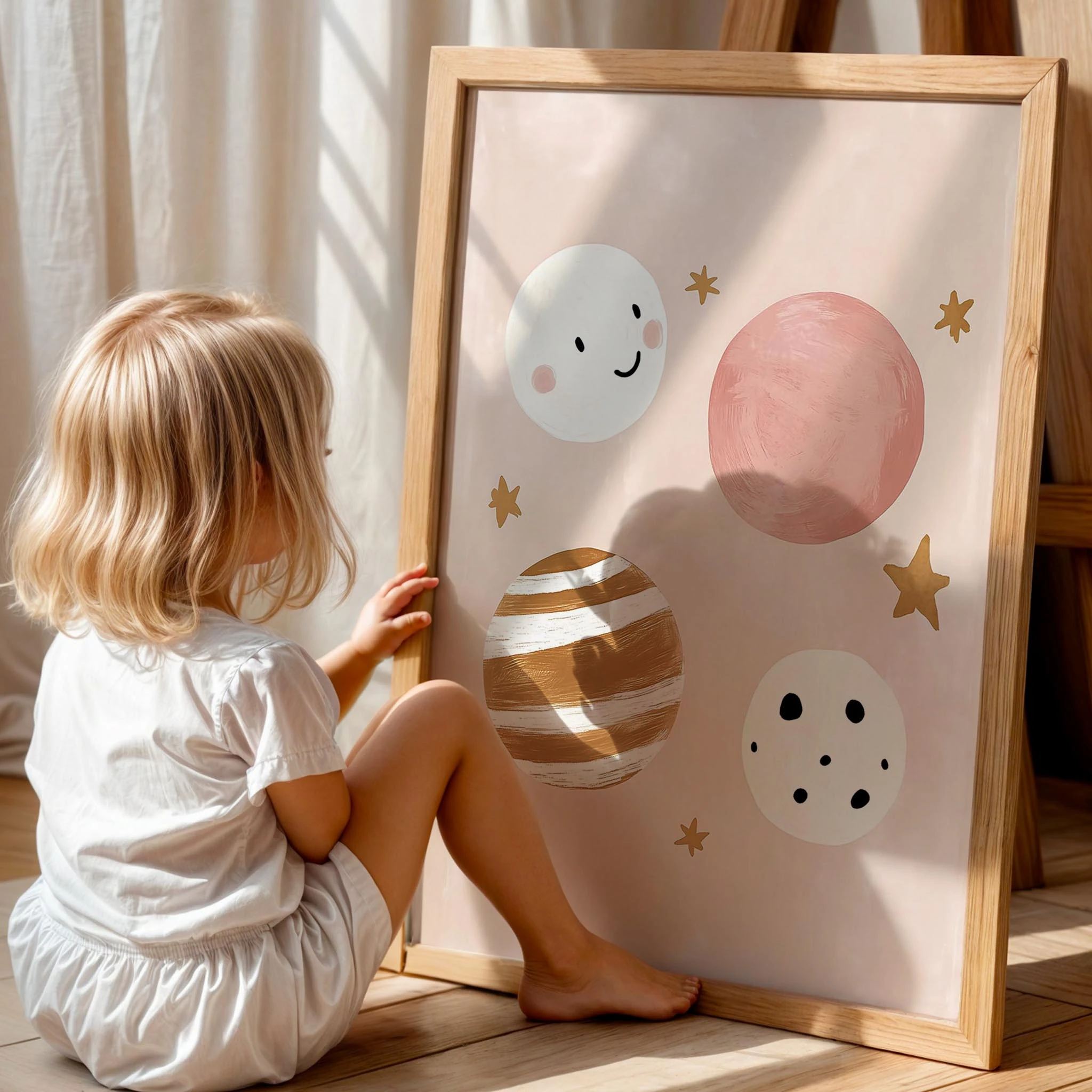 Gülen Şirin Gezegenler Uzay Temalı Kız Çocuk Odası Ahşap Tablo