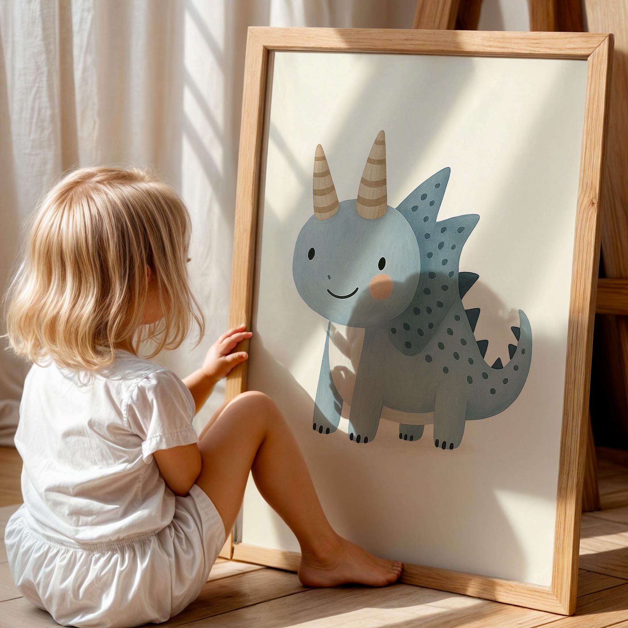 Sevimli Mavi Dinozor Erkek Çocuk Odası Ahşap Tablo