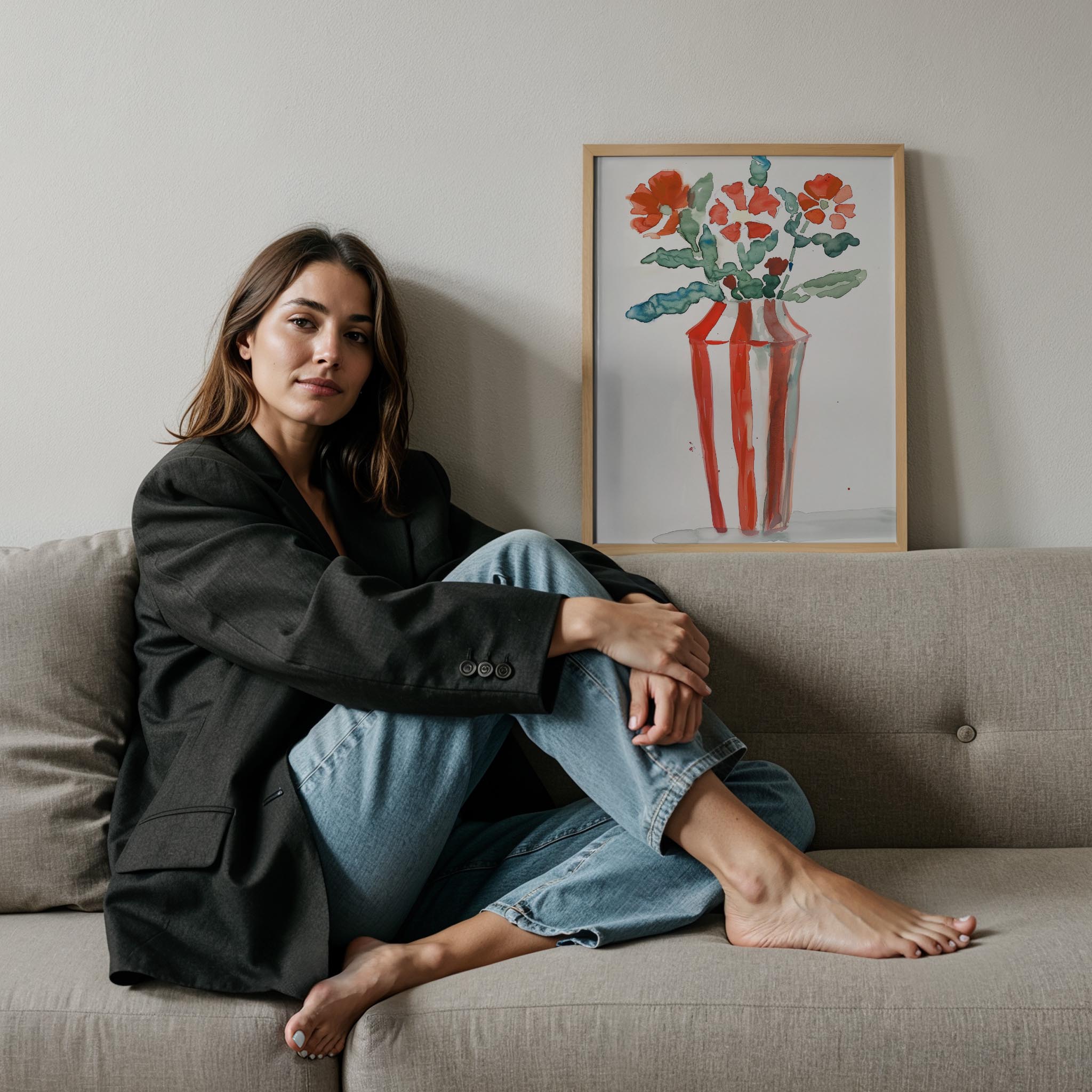 Vazo ve Çiçekler VI - Kırmızı Çizgi Suluboya