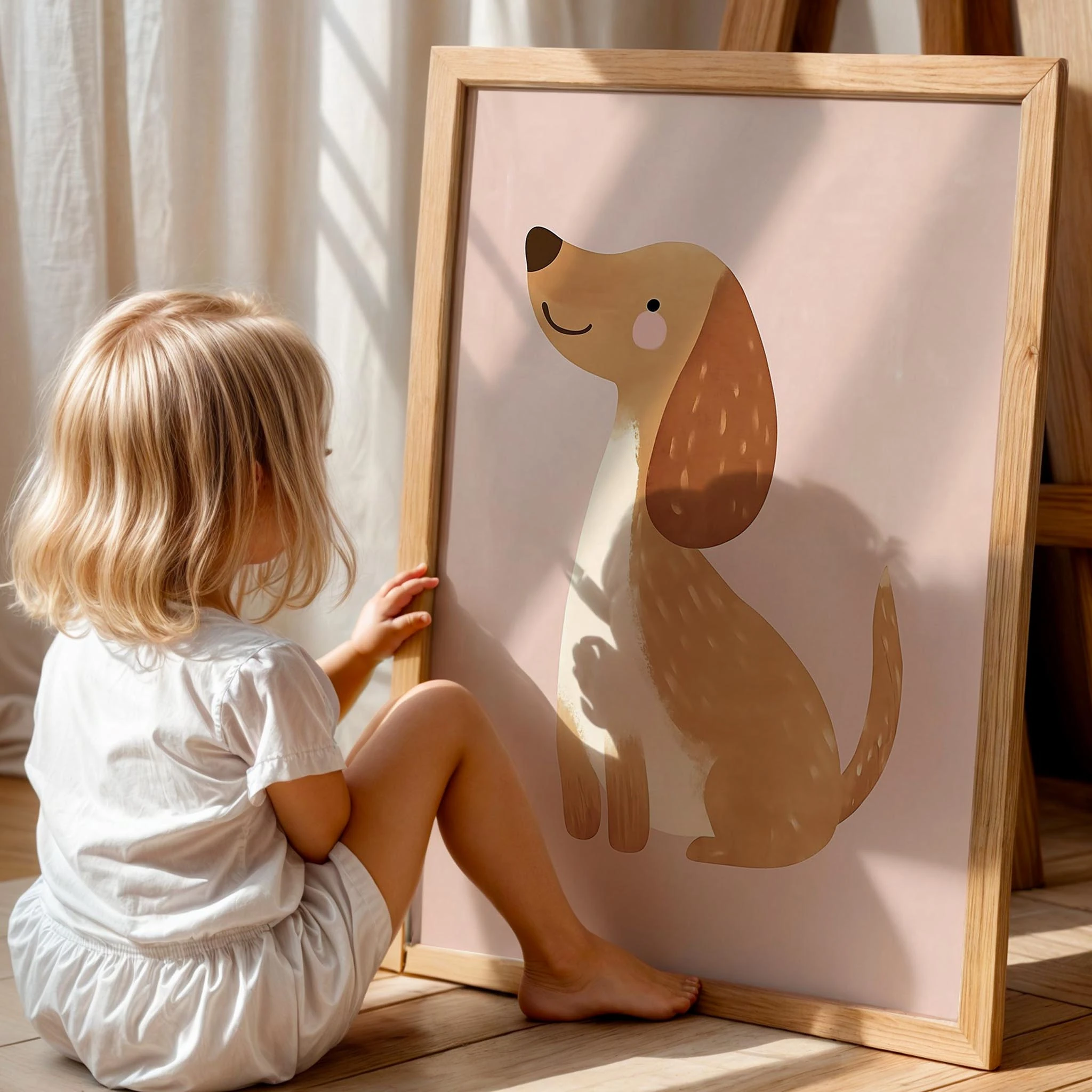 Sevimli Yavru Köpek Pembe Fonlu Kız Çocuk Odası Ahşap Tablo III