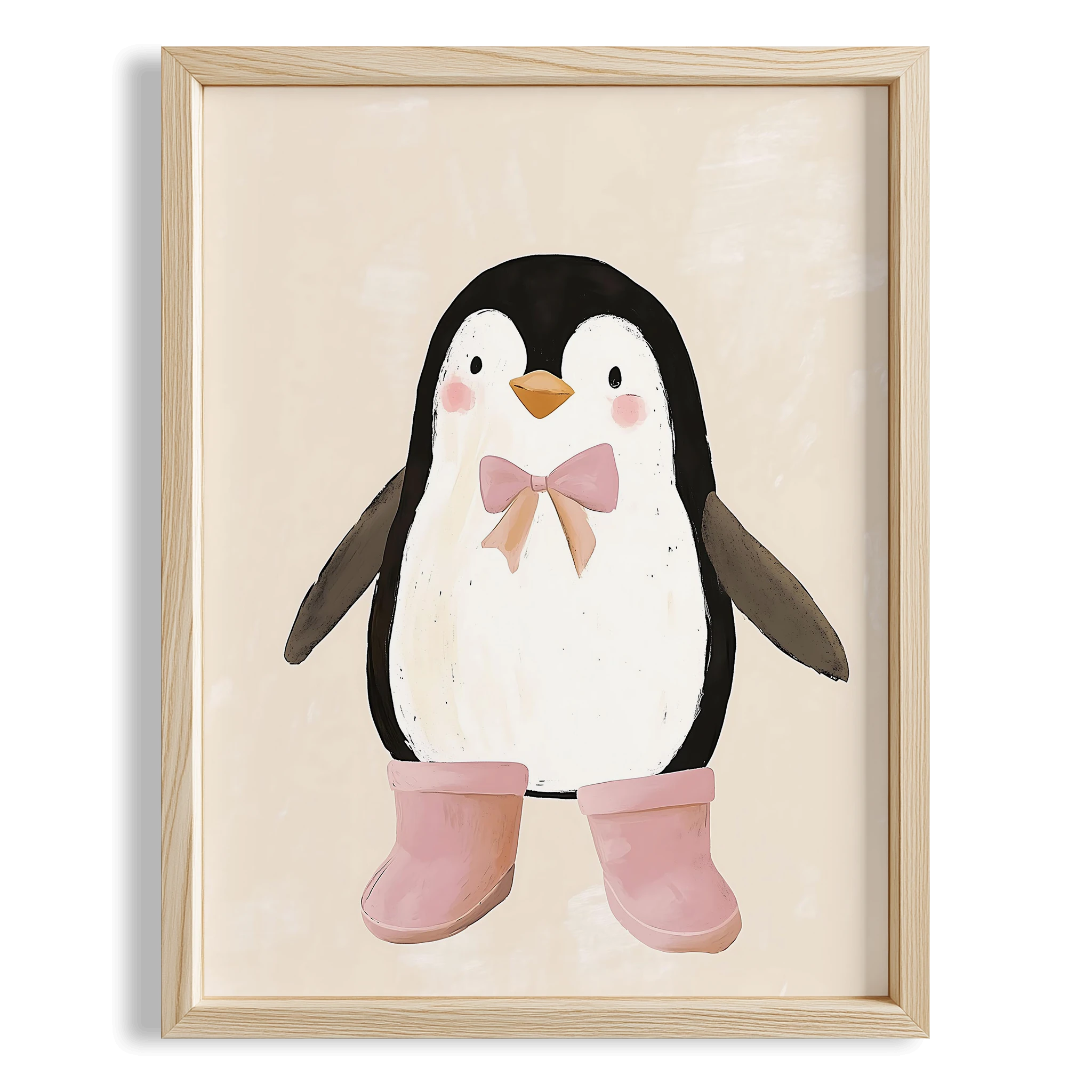 Sevimli Pembe Papyonlu Penguen Bohem Kız Çocuk Odası Ahşap Tablo