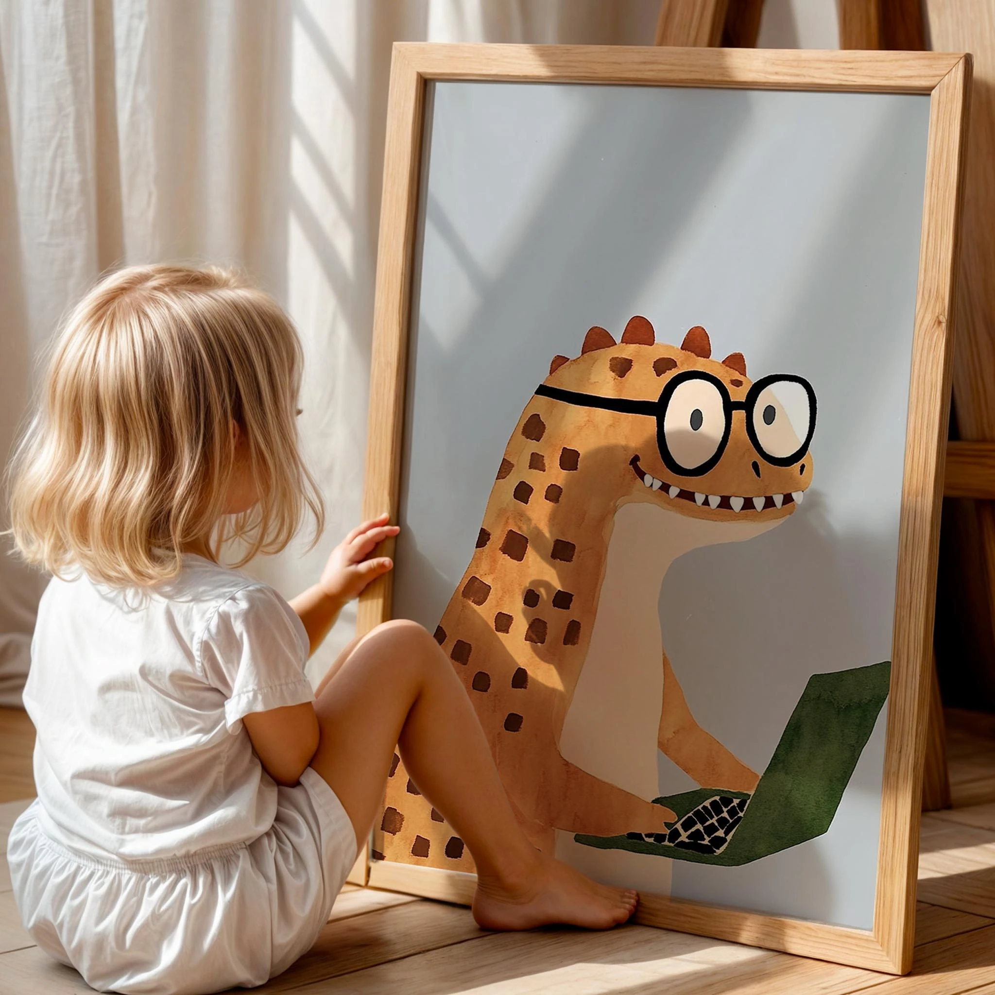 Yazılımcı Dahi Dinozor Temalı Mavi Fon Çocuk Odası Ahşap Tablo