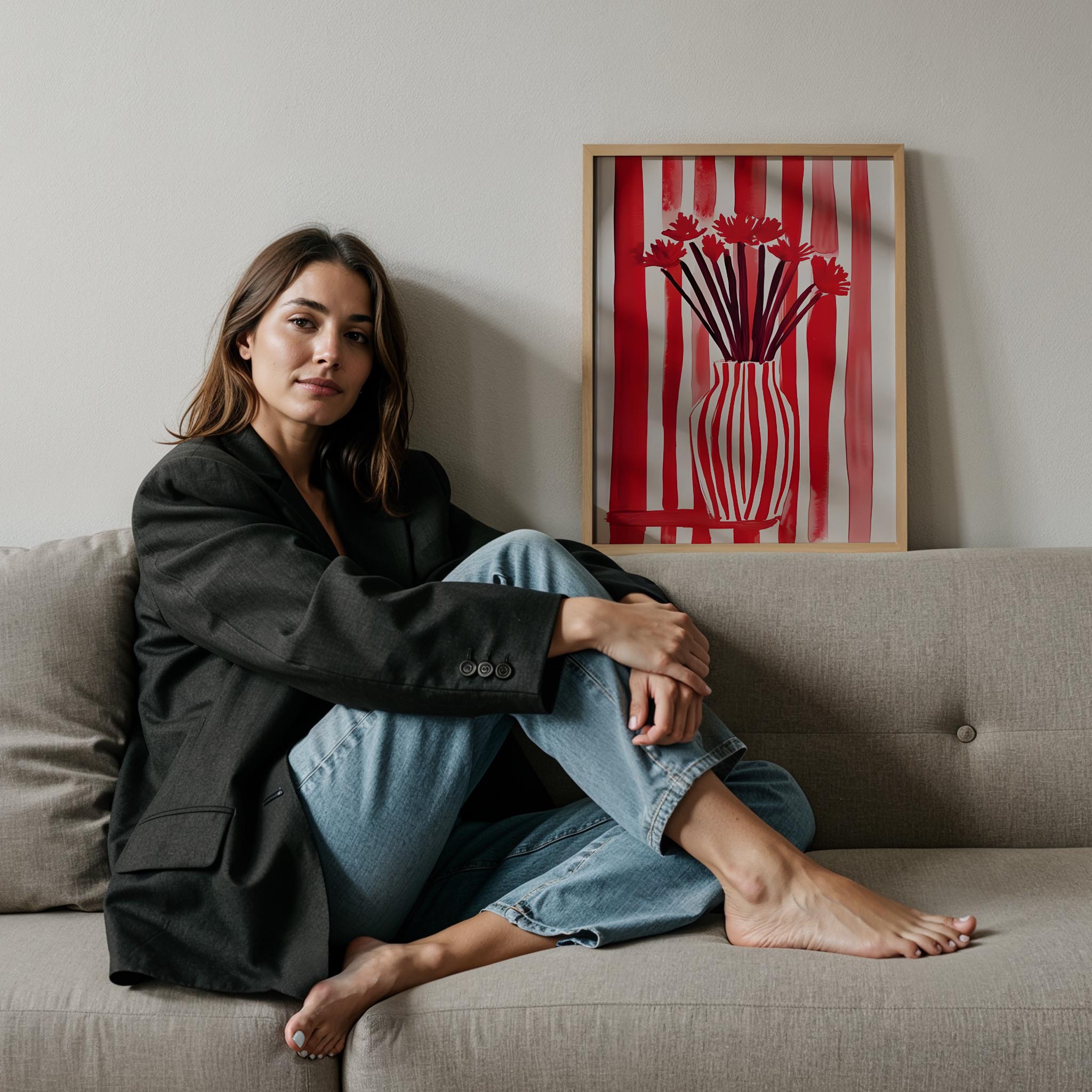 Çizgili Vazo X - Kırmızı Demet