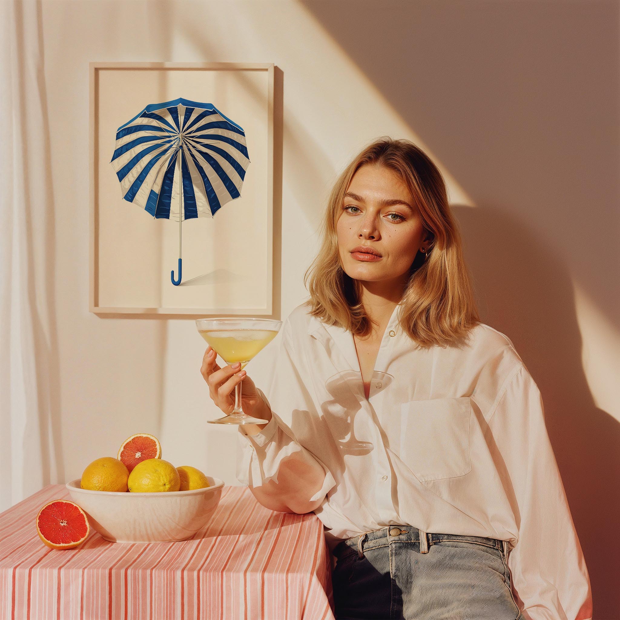 Mavi Çizgili Şemsiye Minimalist Çizim - Duvar Tablosu