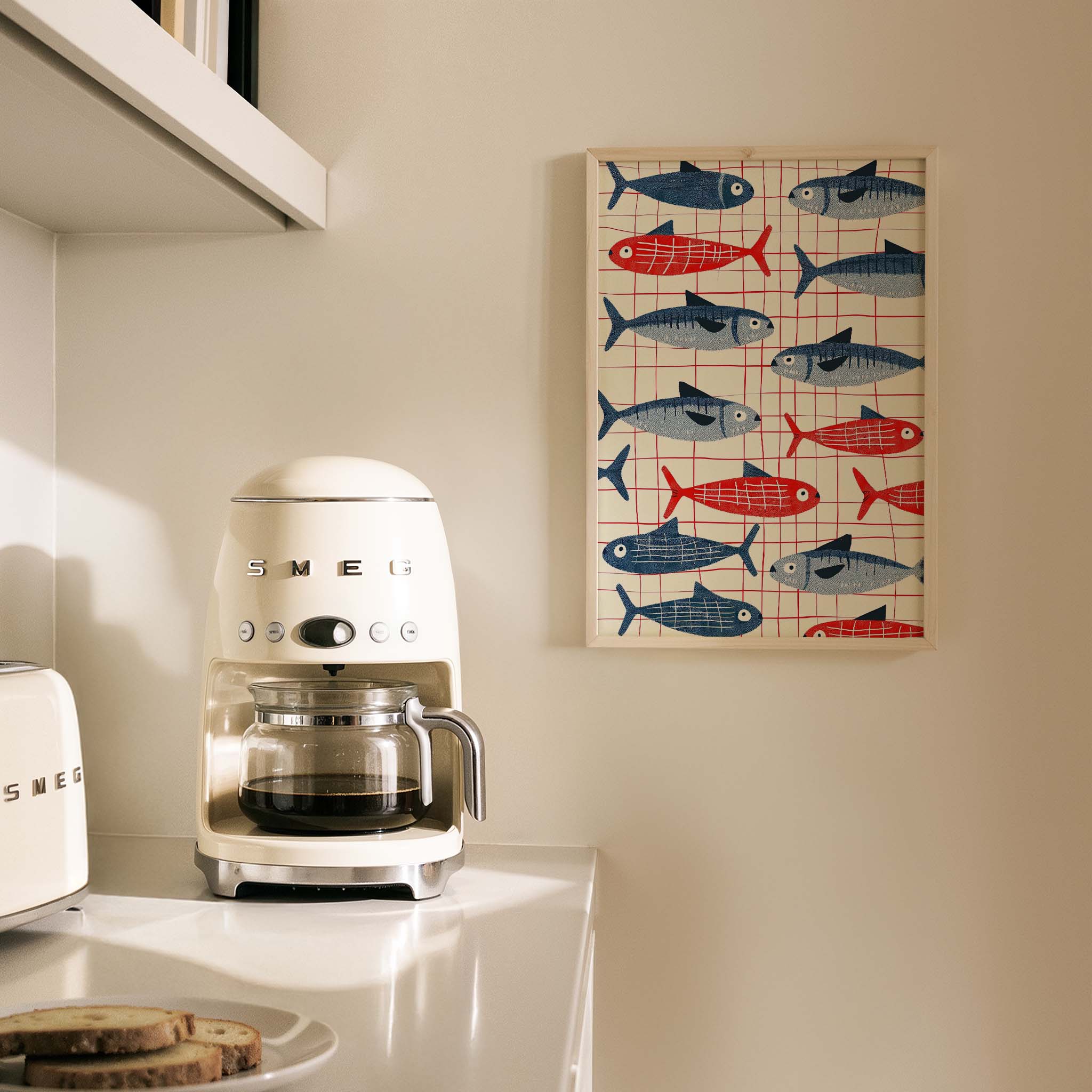 Mavi Kırmızı Sardalyalar Coastal Stil Mutfak Duvar Tablosu