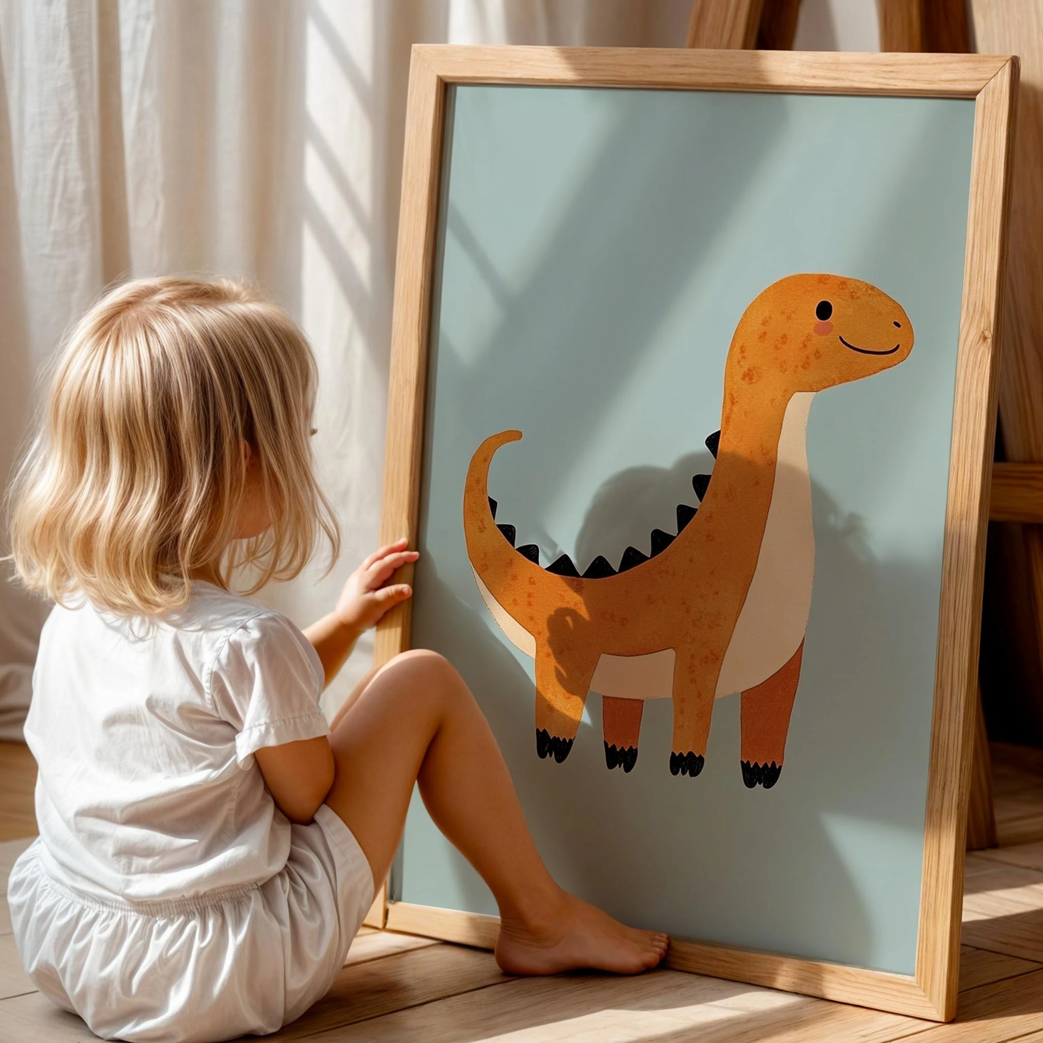 Şirin Dinozor Temalı Açık Mavi Fonlu Çocuk Odası Ahşap Tablo