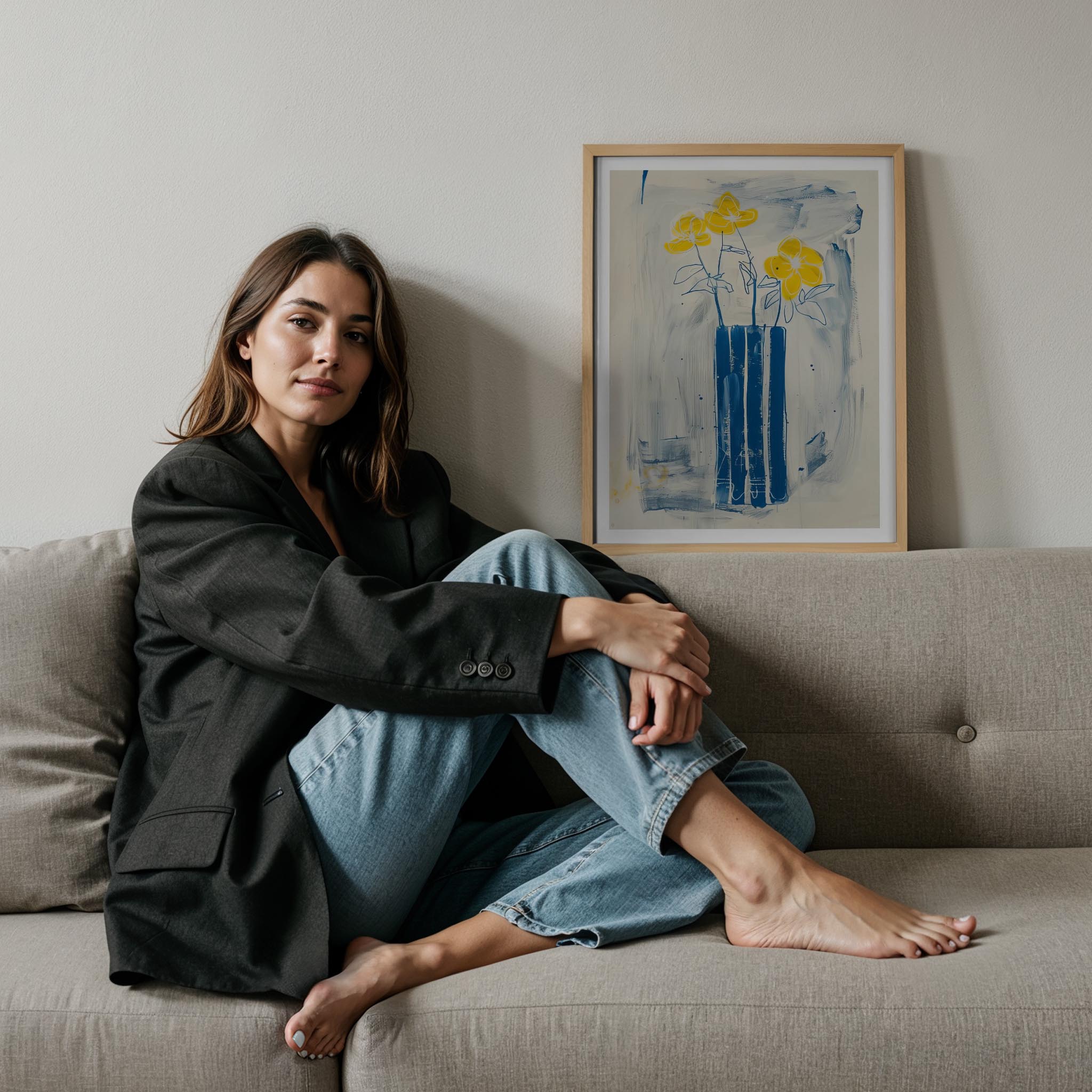 Soyut Vazo ve Çiçekler II - Mavi Sarı