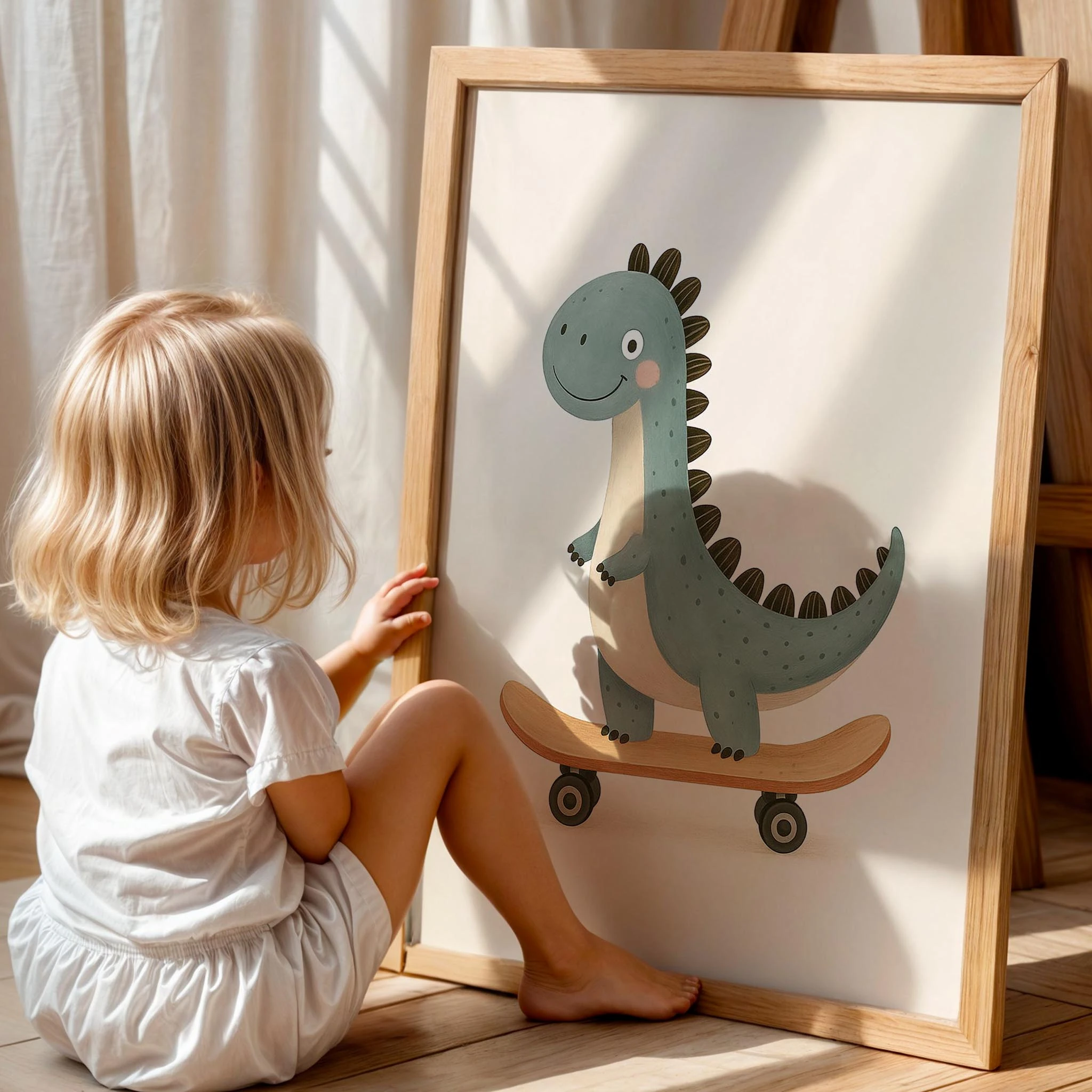 Sevimli Kaykaycı Mavi Dinozor Erkek Çocuk Odası Ahşap Tablo