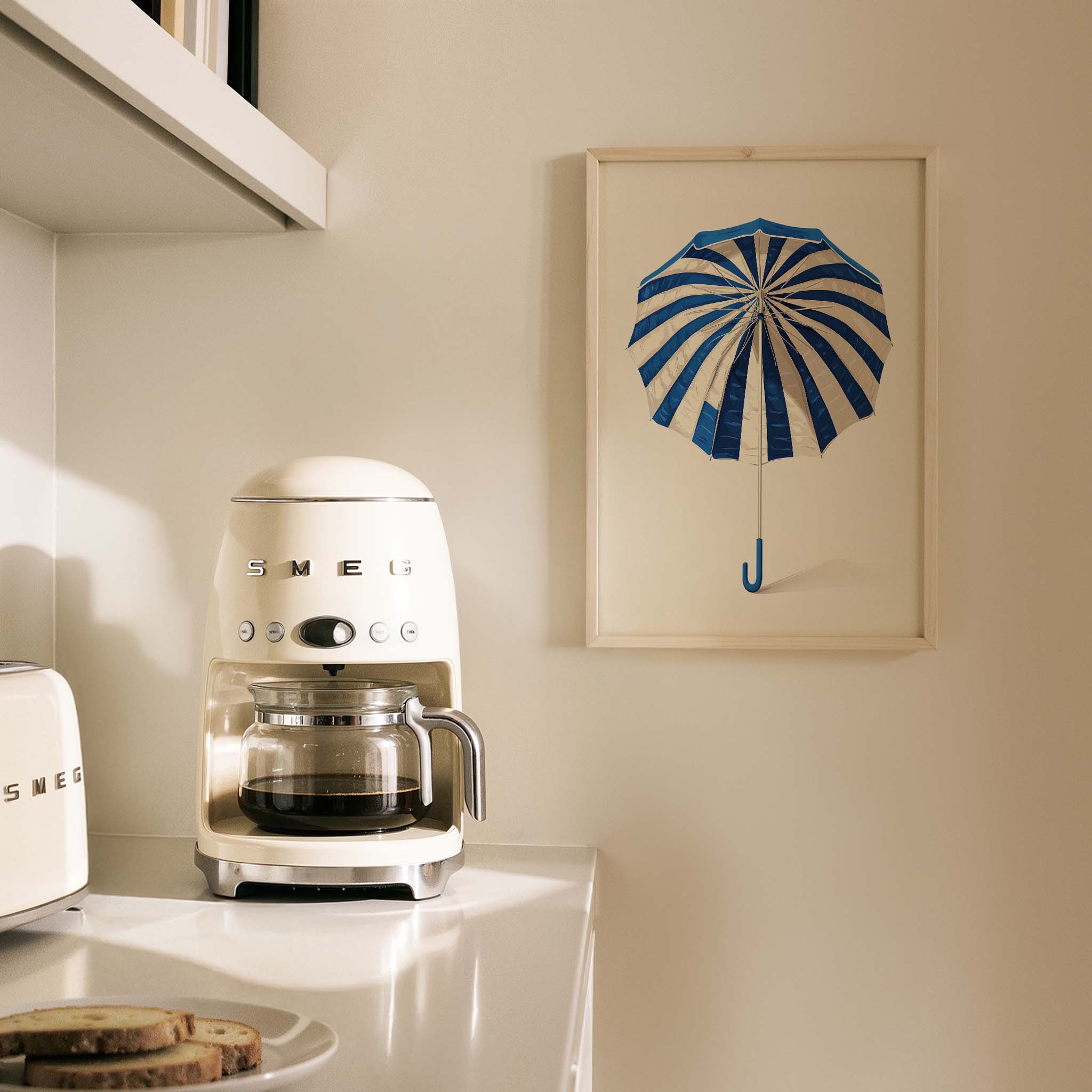 Mavi Çizgili Şemsiye Minimalist Çizim - Duvar Tablosu