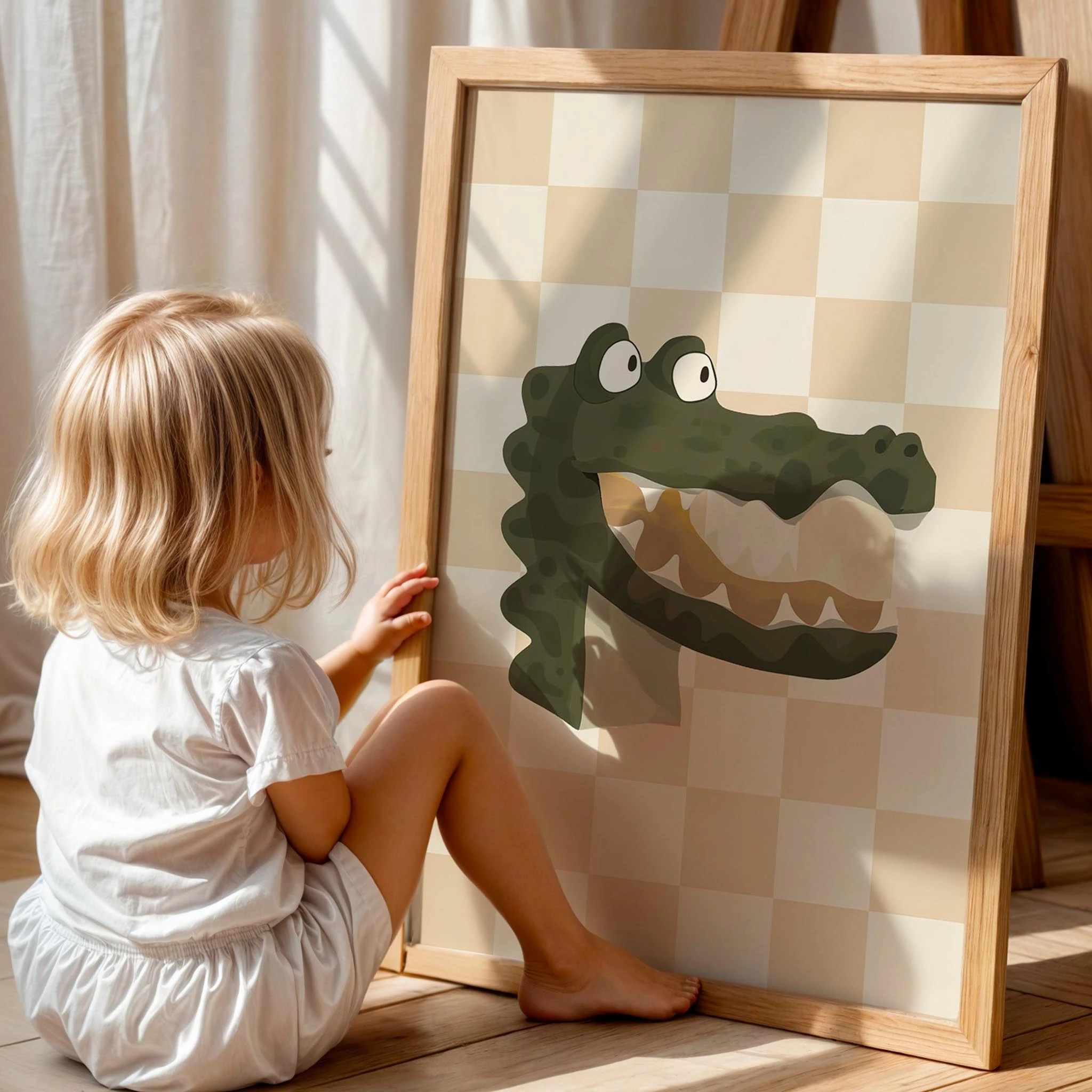 Timsah Sevimli Safari Hayvanları Krem Kareli Fonlu Çocuk Odası Ahşap Tablo