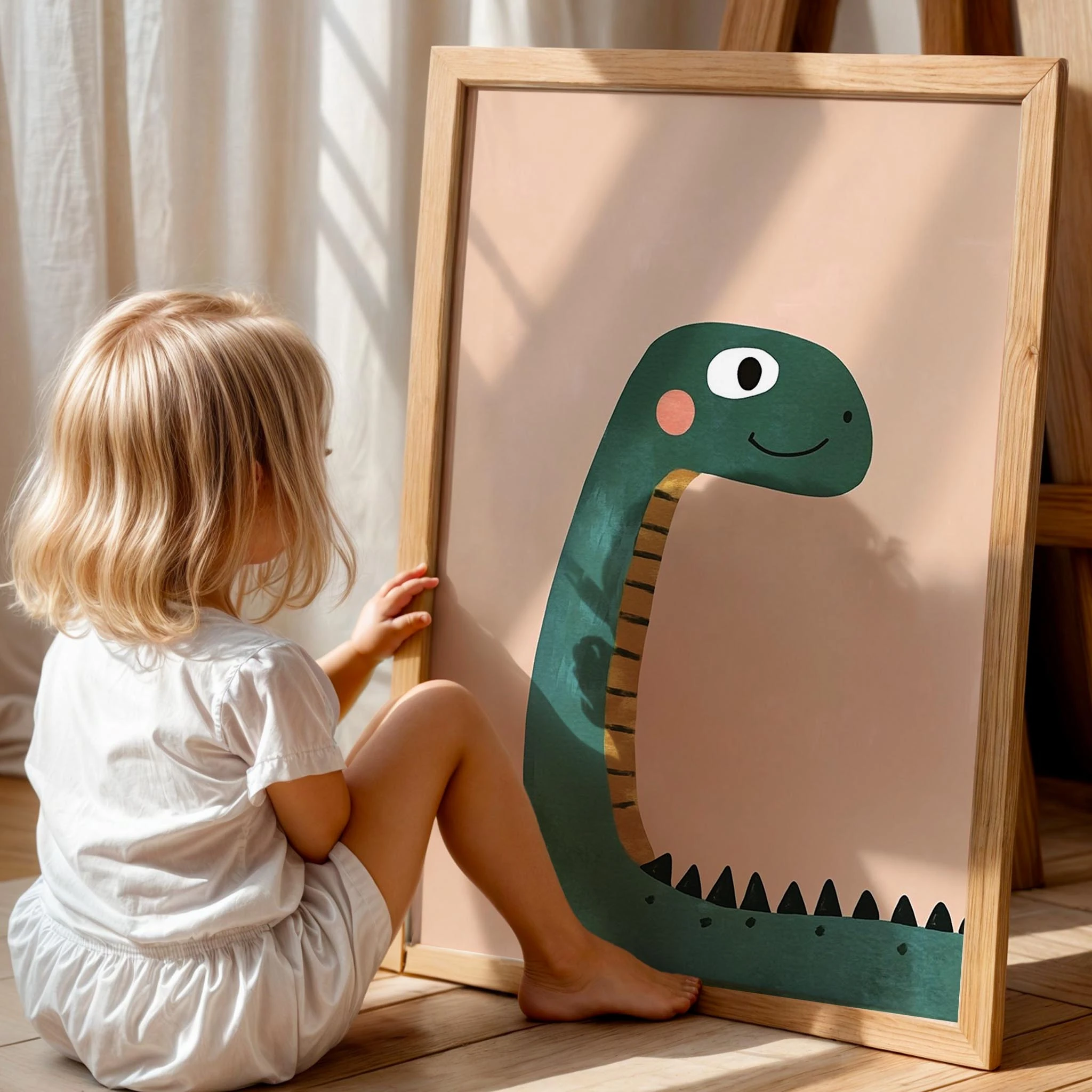 Sevimli Gülen Dinozor Temalı Pembe Fonlu Çocuk Odası Ahşap Tablo I