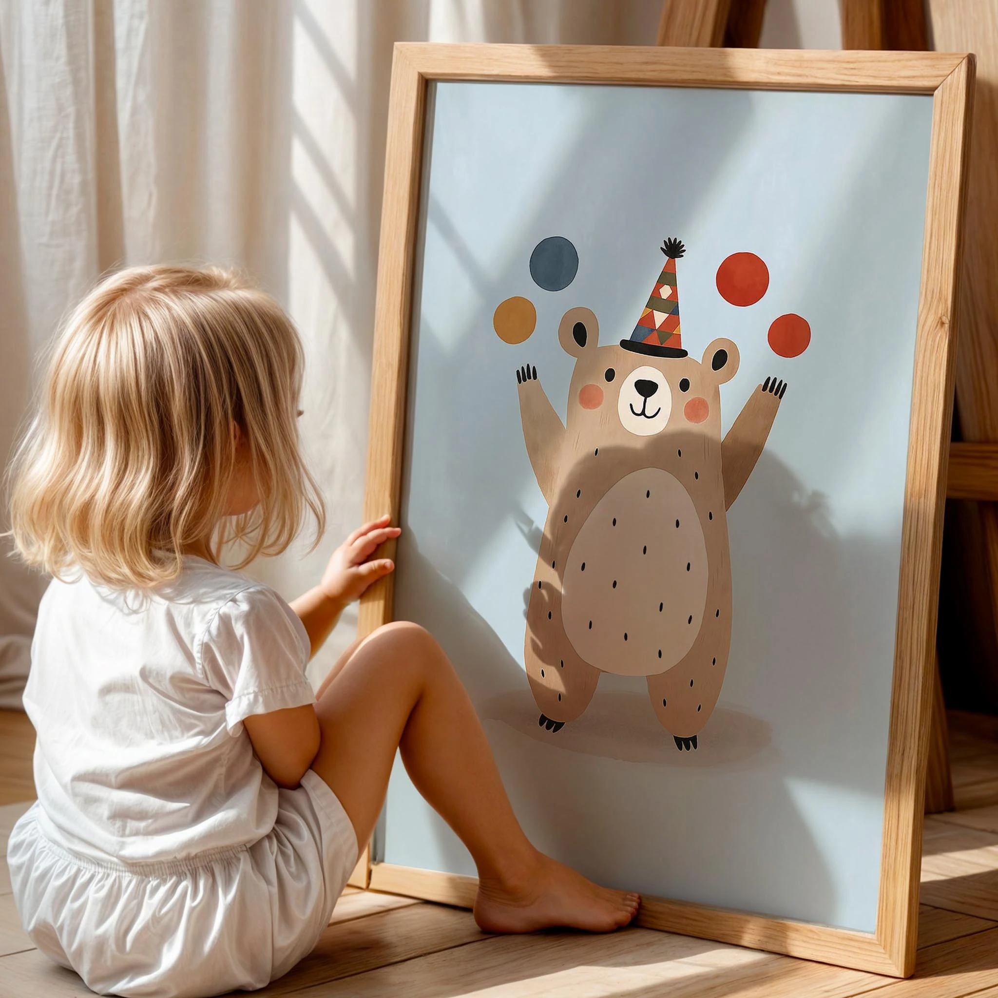 Sevimli Jonglör Ayıcık Mavi Fonlu Çocuk Odası Ahşap Tablo I