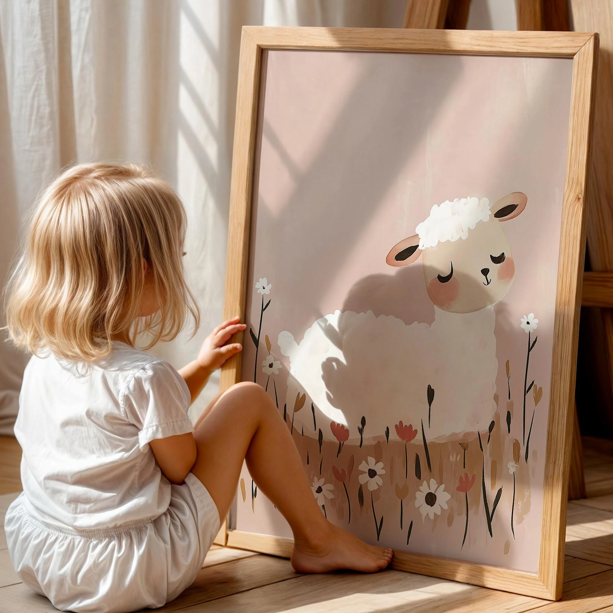 Bohem Çiçekli Sevimli Kuzu Kız Çocuk Odası Ahşap Tablo