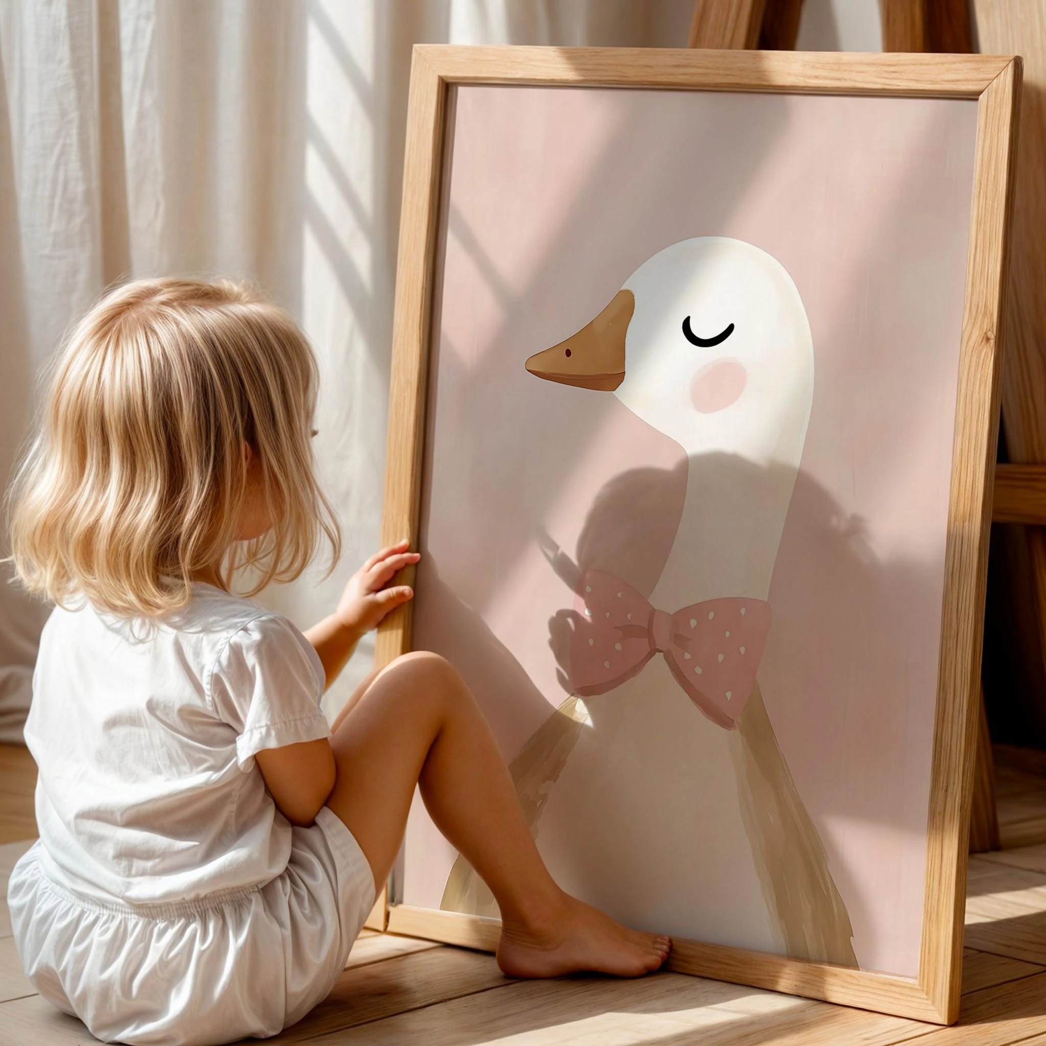 Fiyonklu Gülümseyen Kaz Bohem Kız Çocuk Odası Ahşap Tablo
