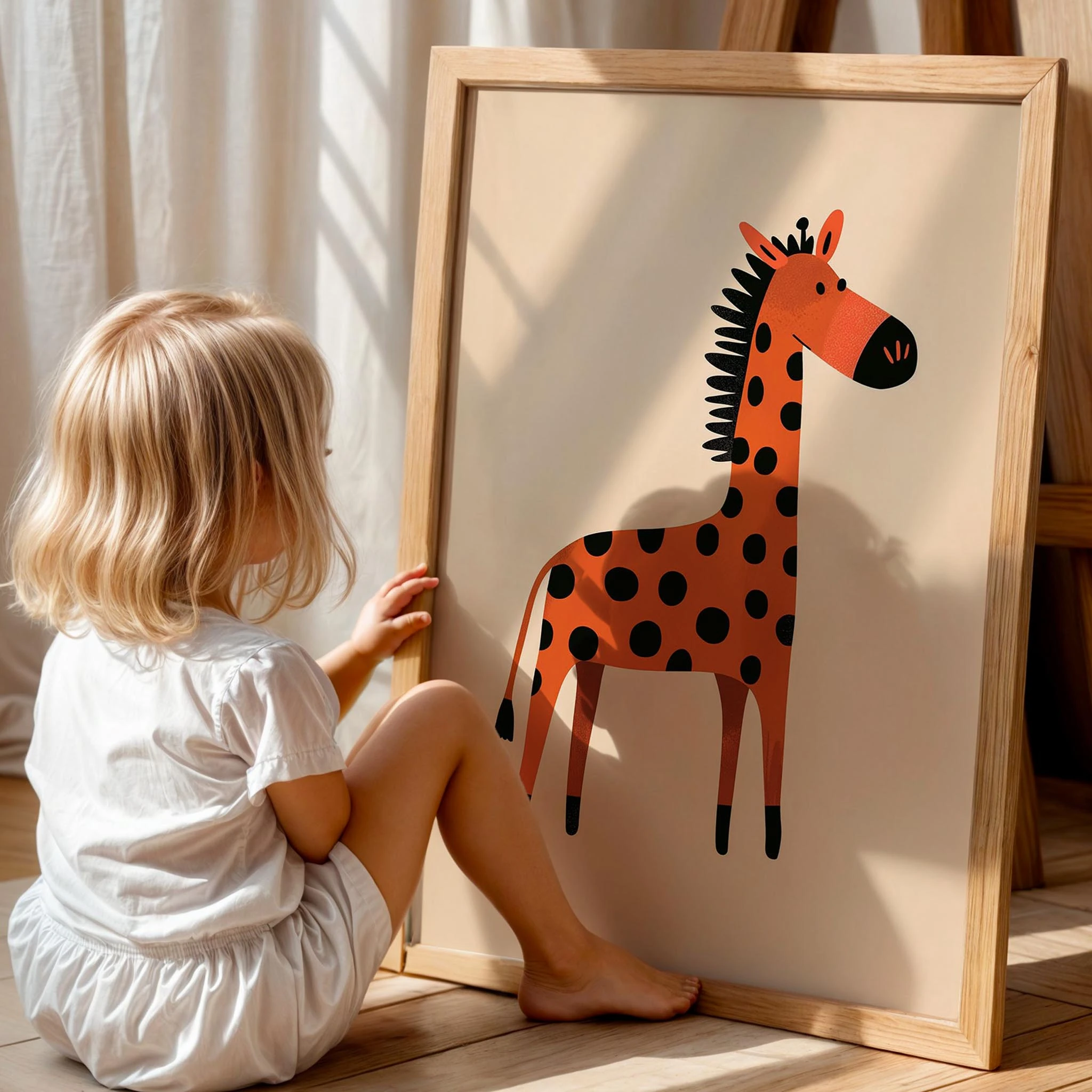 Turuncu Zürafa Eklektik Tarzda Çocuk Odası Dekorasyonu Ahşap Çerçeveli Duvar Tablosu