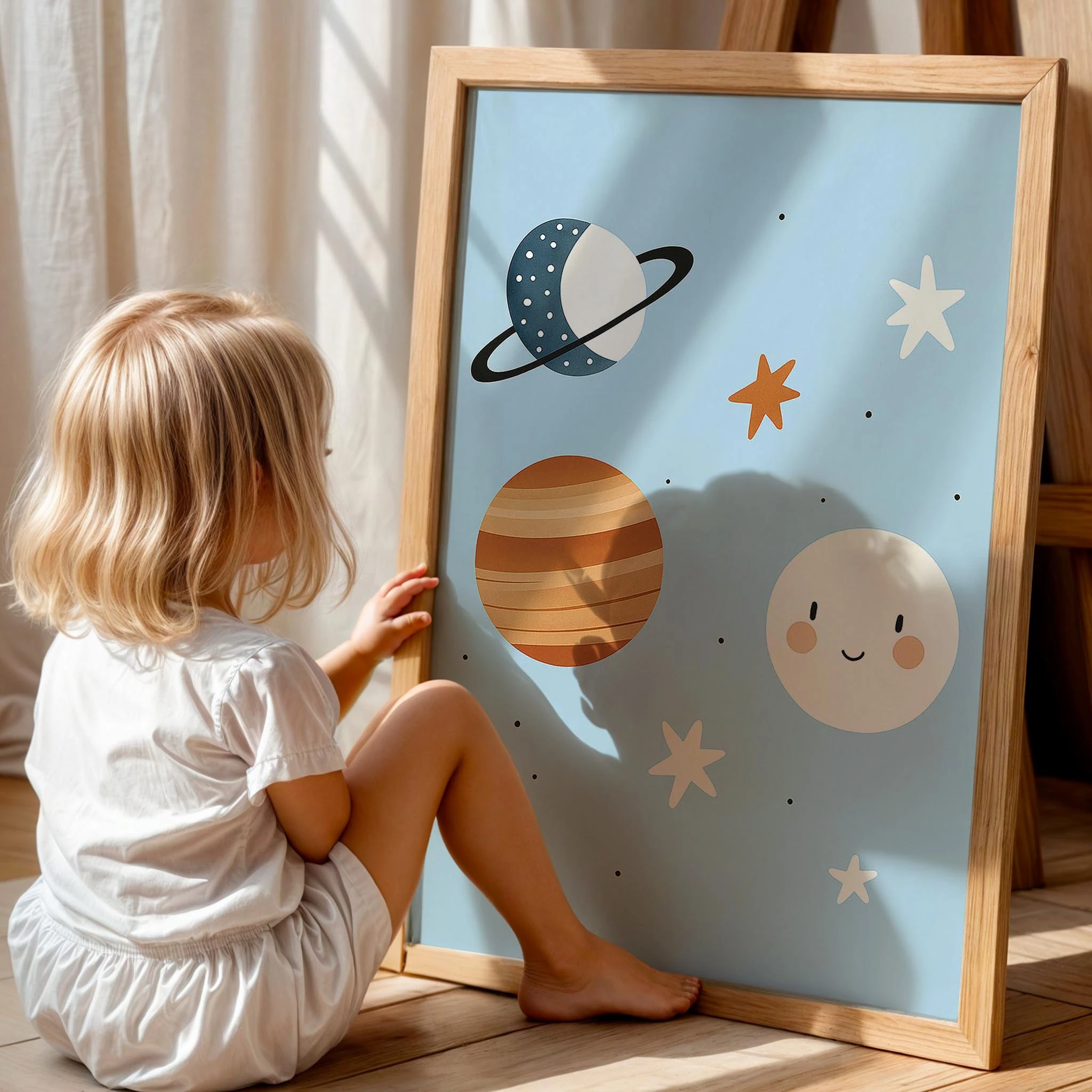 Sevimli Gezegenler Mavi Fonlu Çocuk Odası Ahşap Tablo II