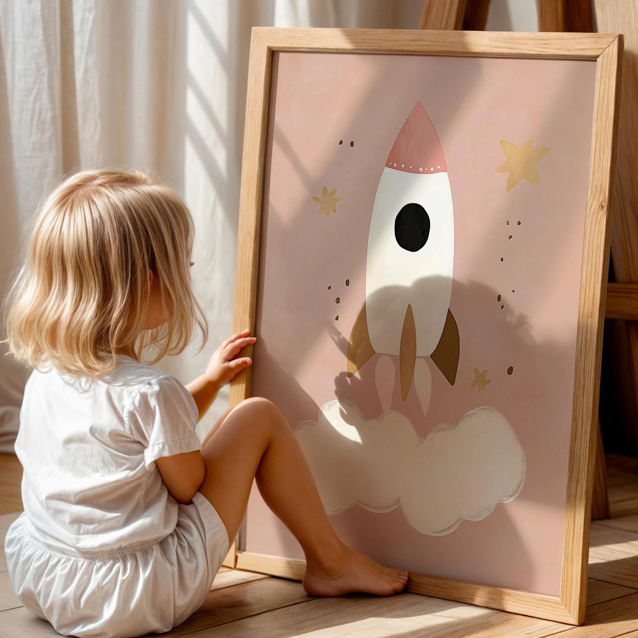 Bohem Roket Uzay Temalı Kız Çocuk Odası Ahşap Tablo