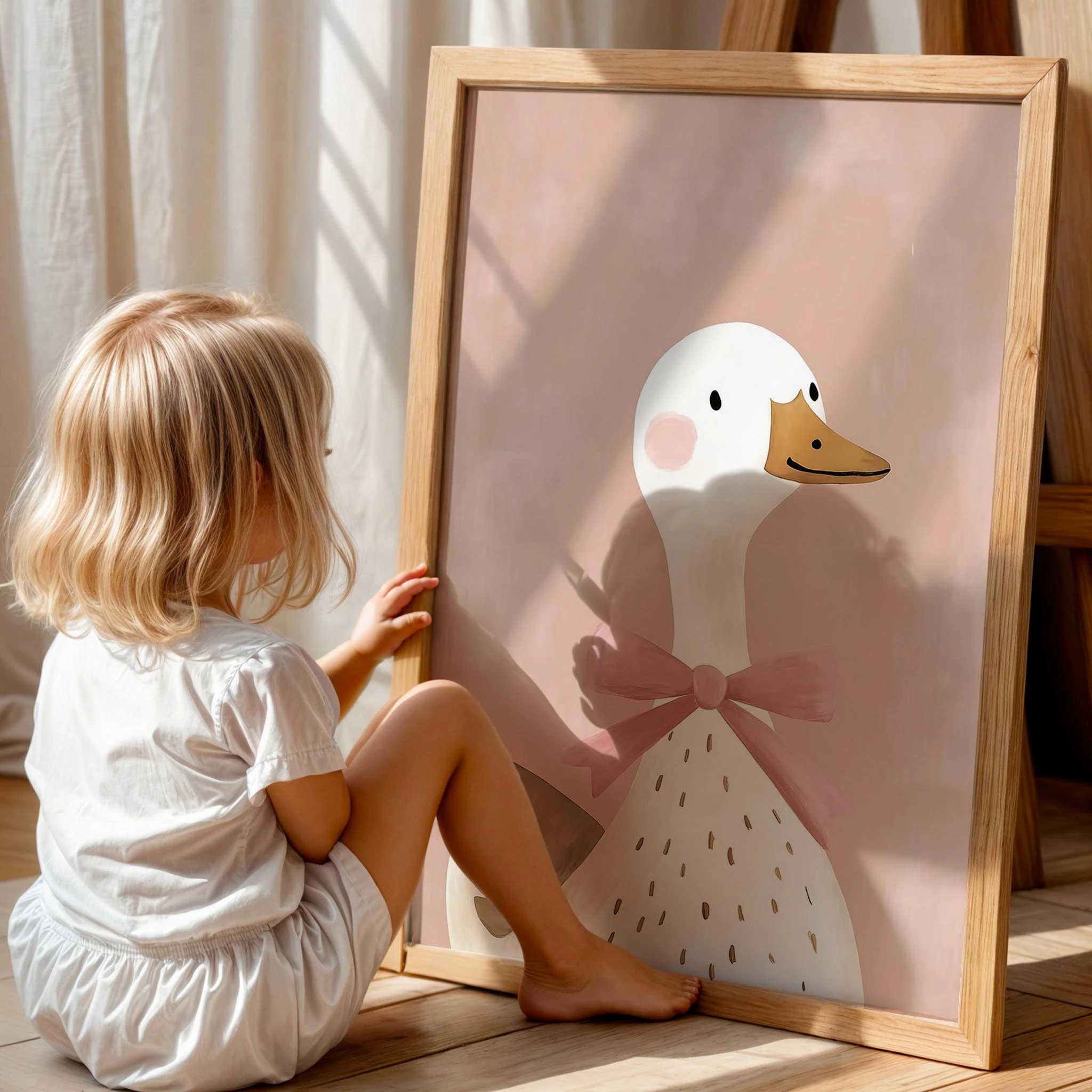 Papyonlu Sevimli Ördek Pembe Fonlu Kız Çocuk Odası Ahşap Tablo