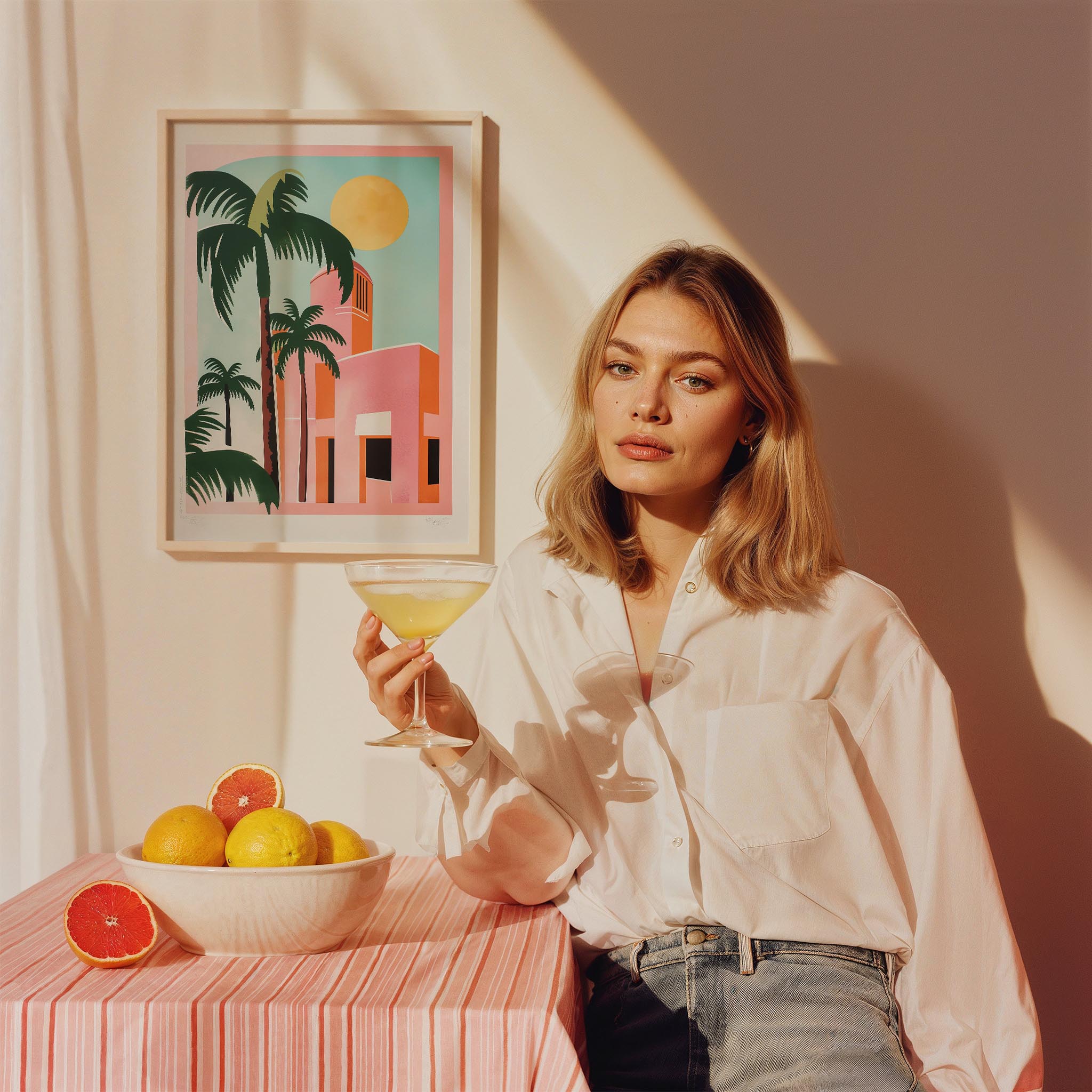 Pembe Villa ve Palmiyeler Maximalist - Duvar Tablosu