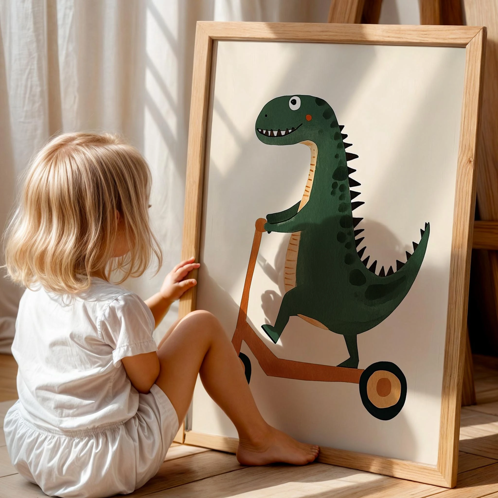 Scooter Süren Dinozor Temalı Minimalist Çocuk Odası Ahşap Tablo I