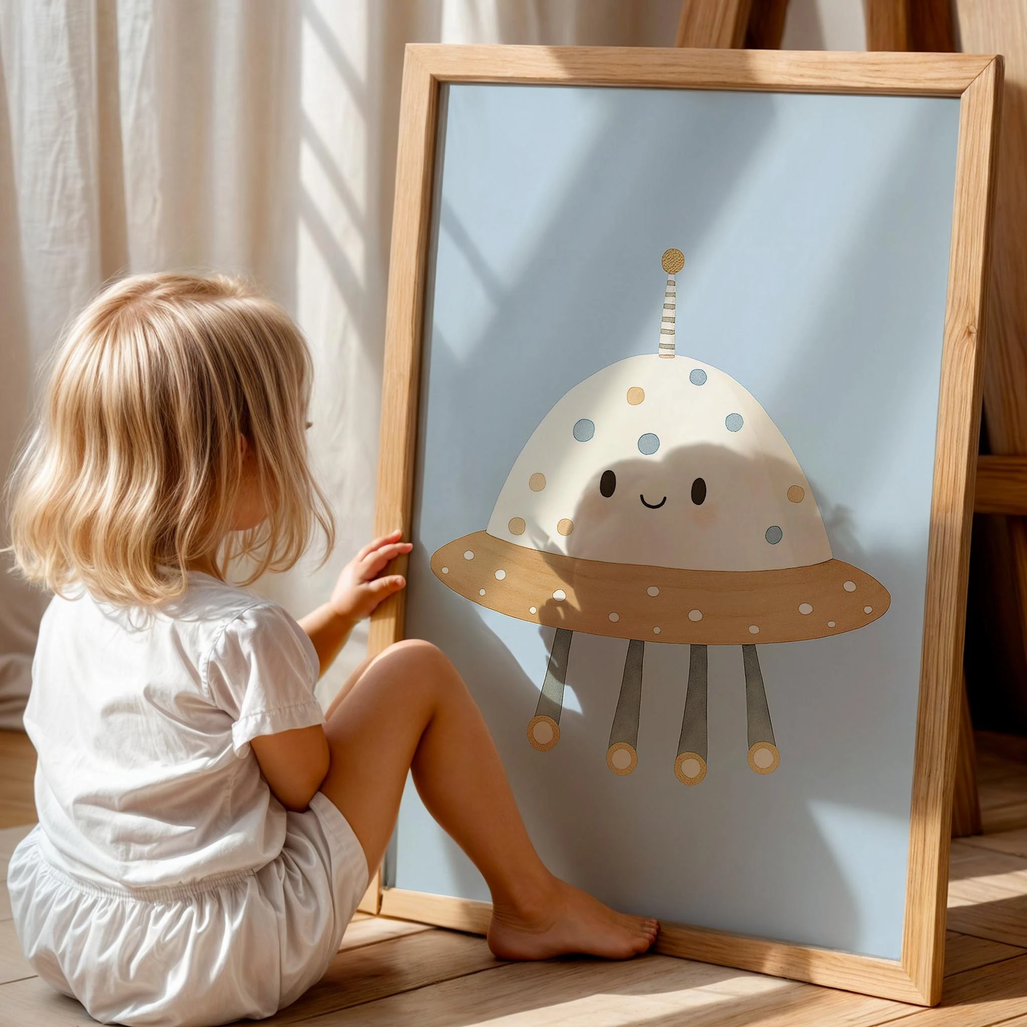 Sevimli Ufo Uzay Temalı Çocuk Odası Ahşap Tablo II