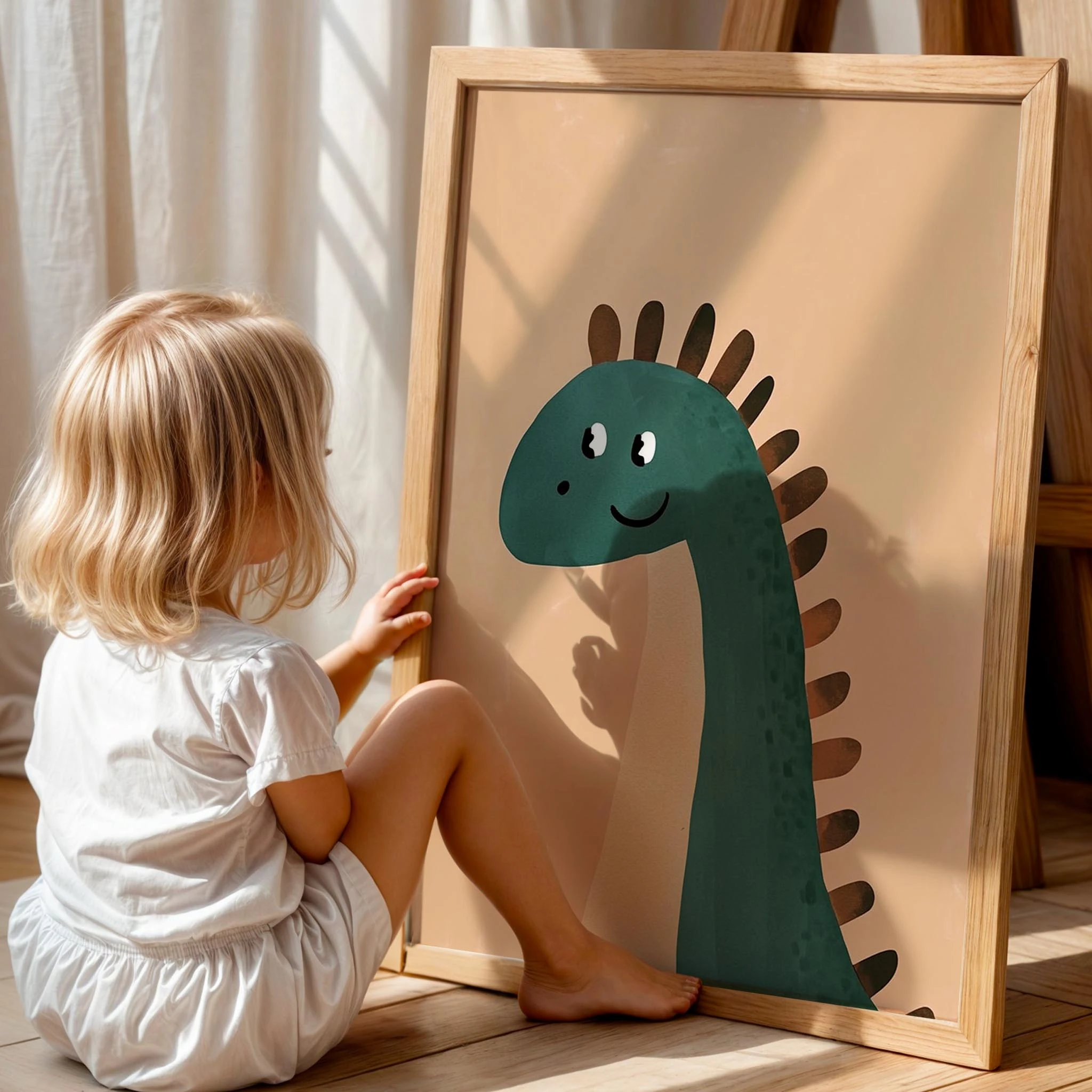 Sevimli Dinozor Temalı Bej Fonlu Çocuk Odası Ahşap Tablo