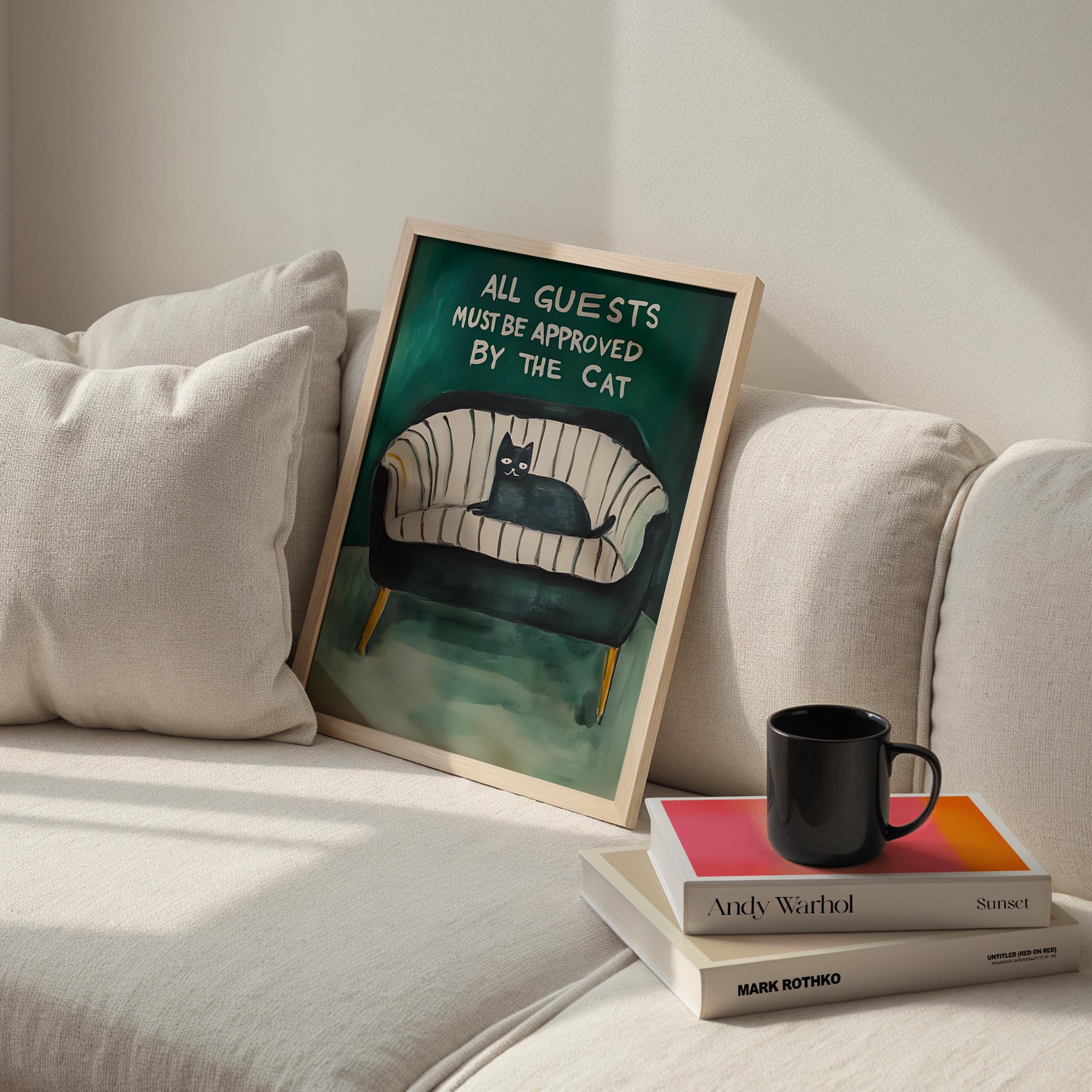 Kedi Baskı III - “All Guests Must Be Approved by the Cat” (Gri Kanepe)