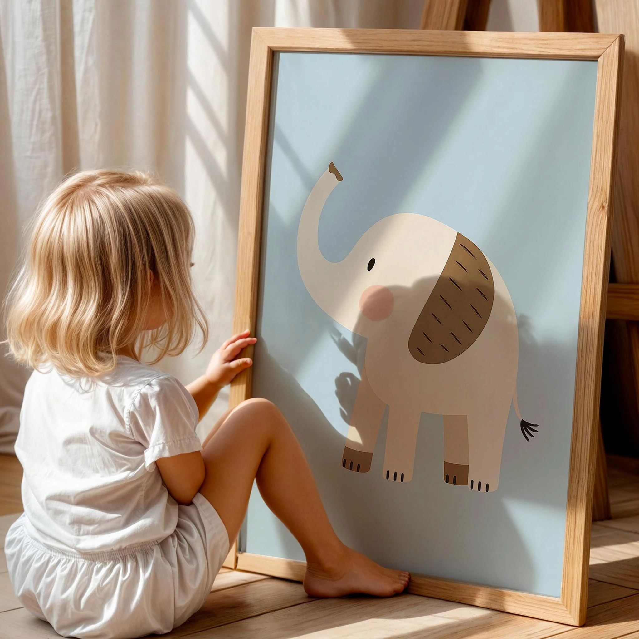 Sevimli Fil Mavi Fon Hayvan Temalı Çocuk Odası Ahşap Tablo I