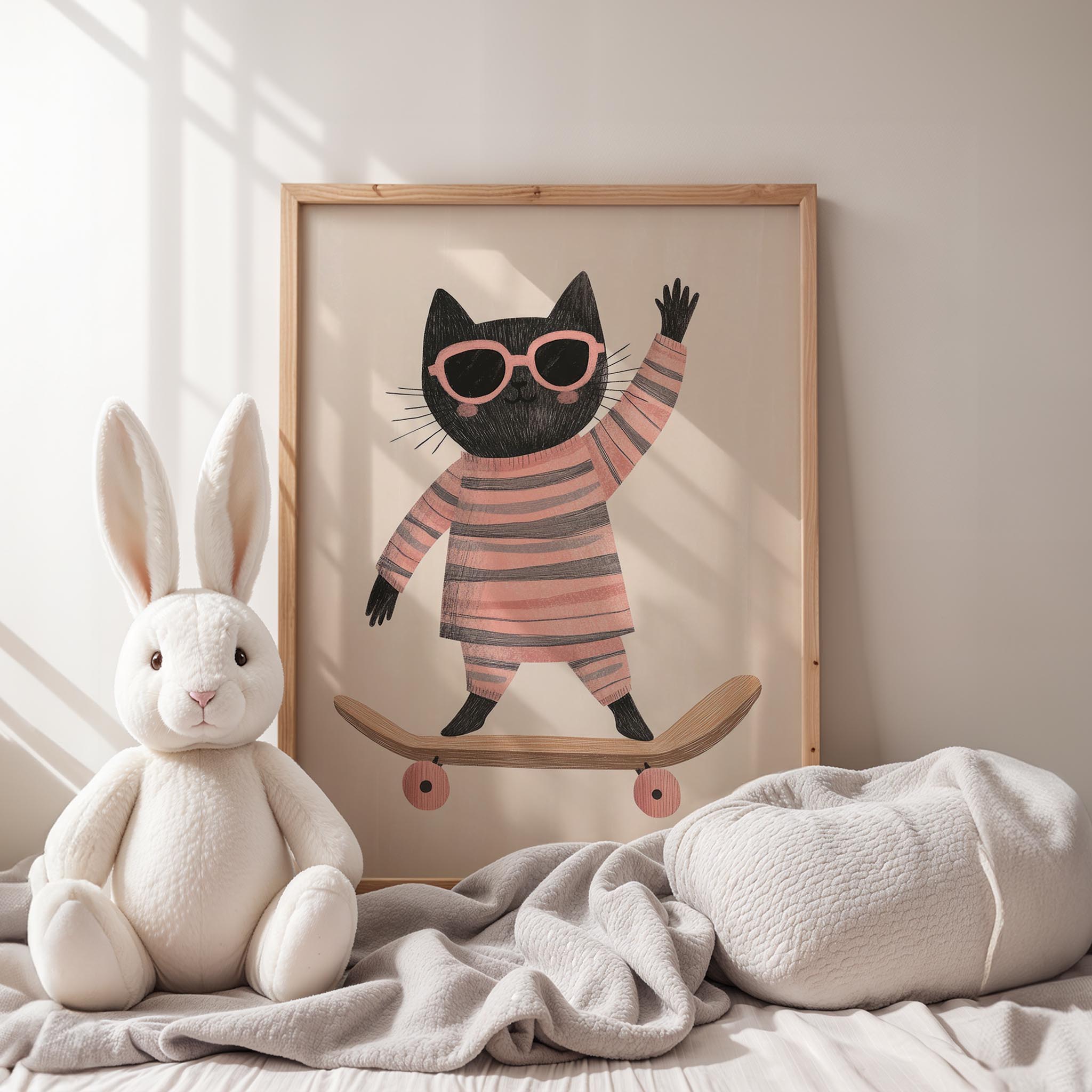 Pijamalı Kaykaycı Kara Kedi - Beyaz Fon