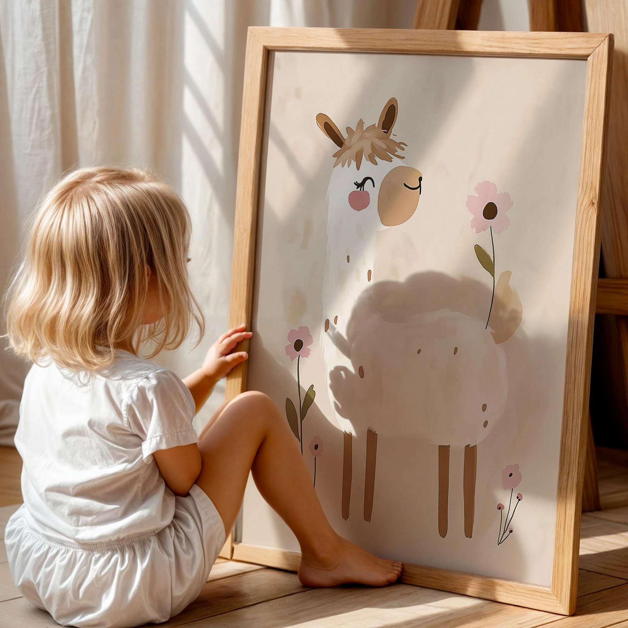 Bohem Çiçekli Lama Kız Çocuk Odası Ahşap Tablo