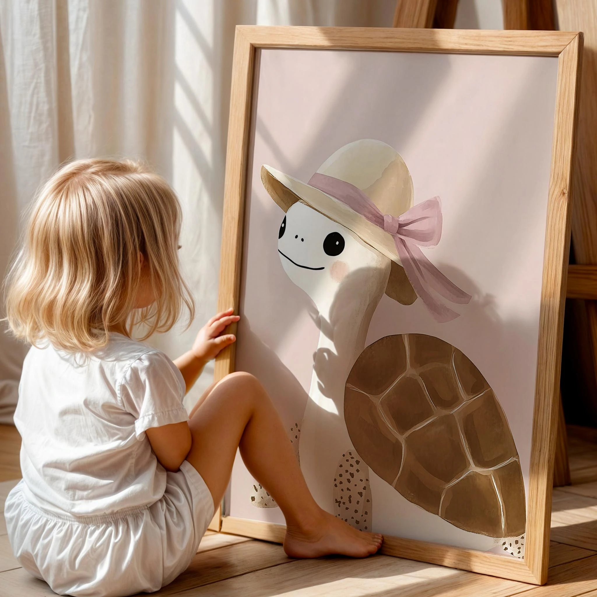 Sevimli Şapkalı Kaplumbağa Bohem Kız Çocuk Odası Ahşap Tablo