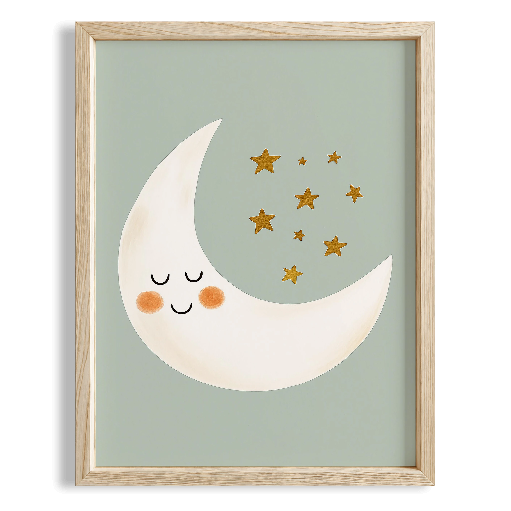 Şirin Ay ve Yıldızlar Yeşil Fonlu Çocuk Odası Ahşap Tablo
