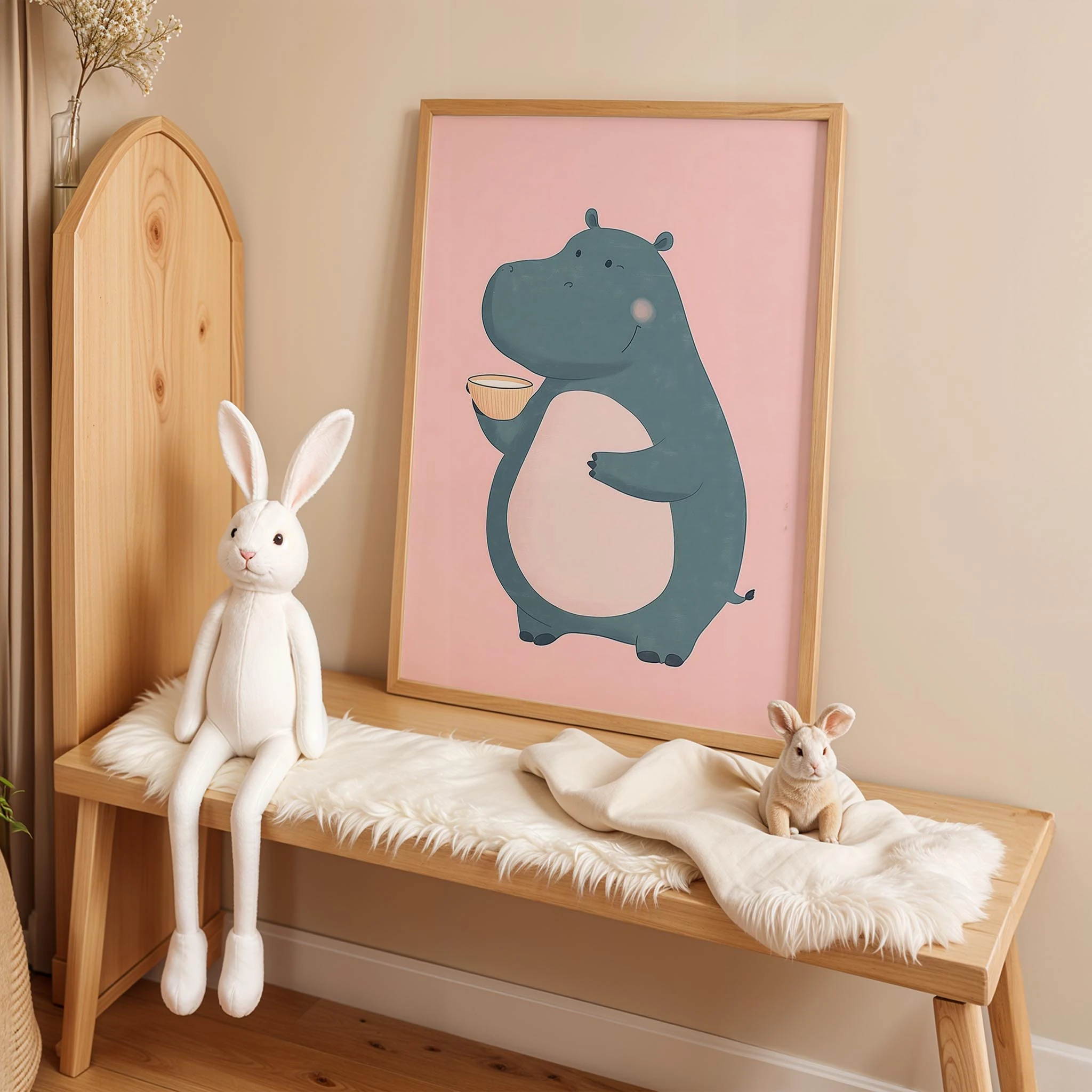 Süt Seven Su Aygırı - Pembe Fon