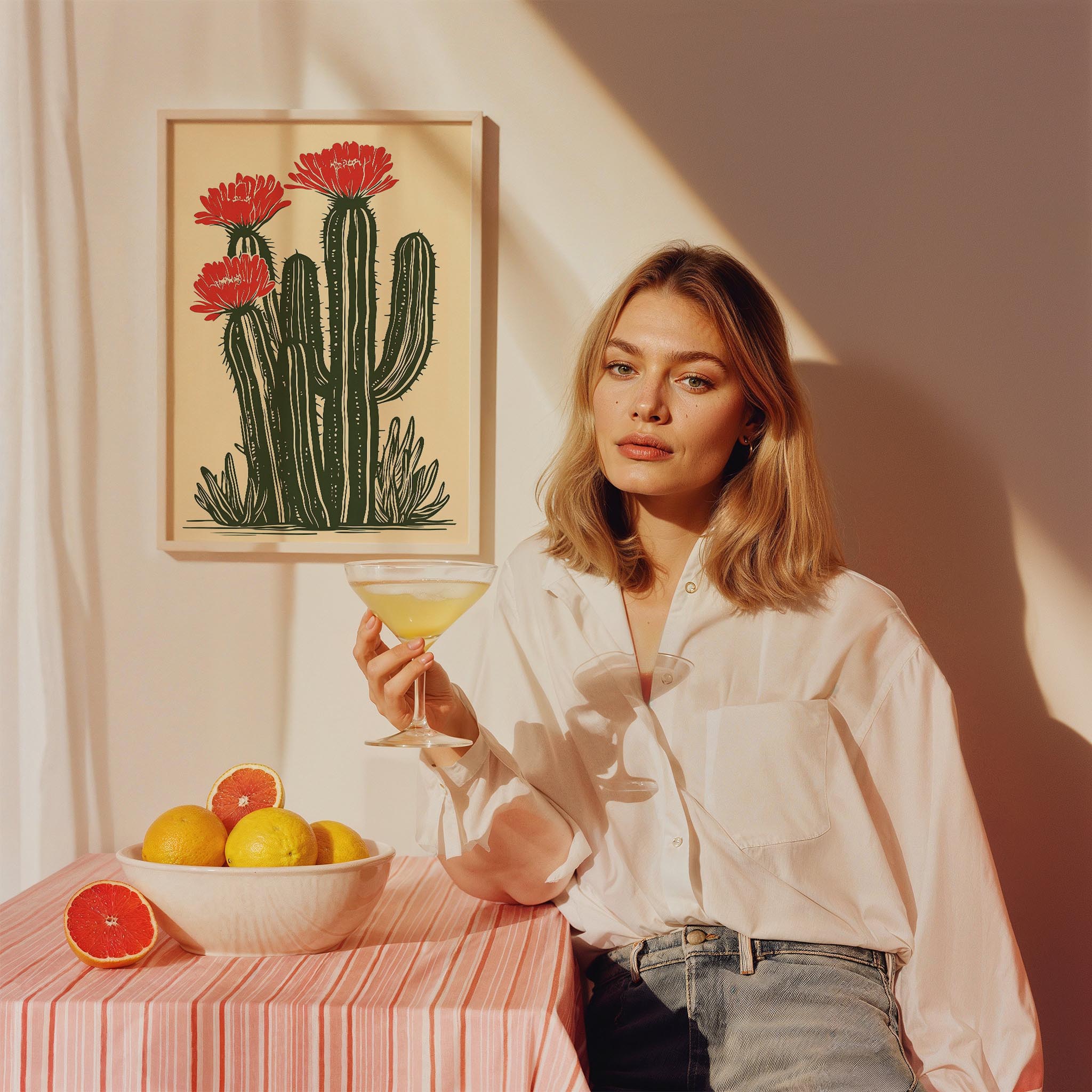 Kaktüs Çiçek Açan Modern İllüstrasyon - Duvar Tablosu