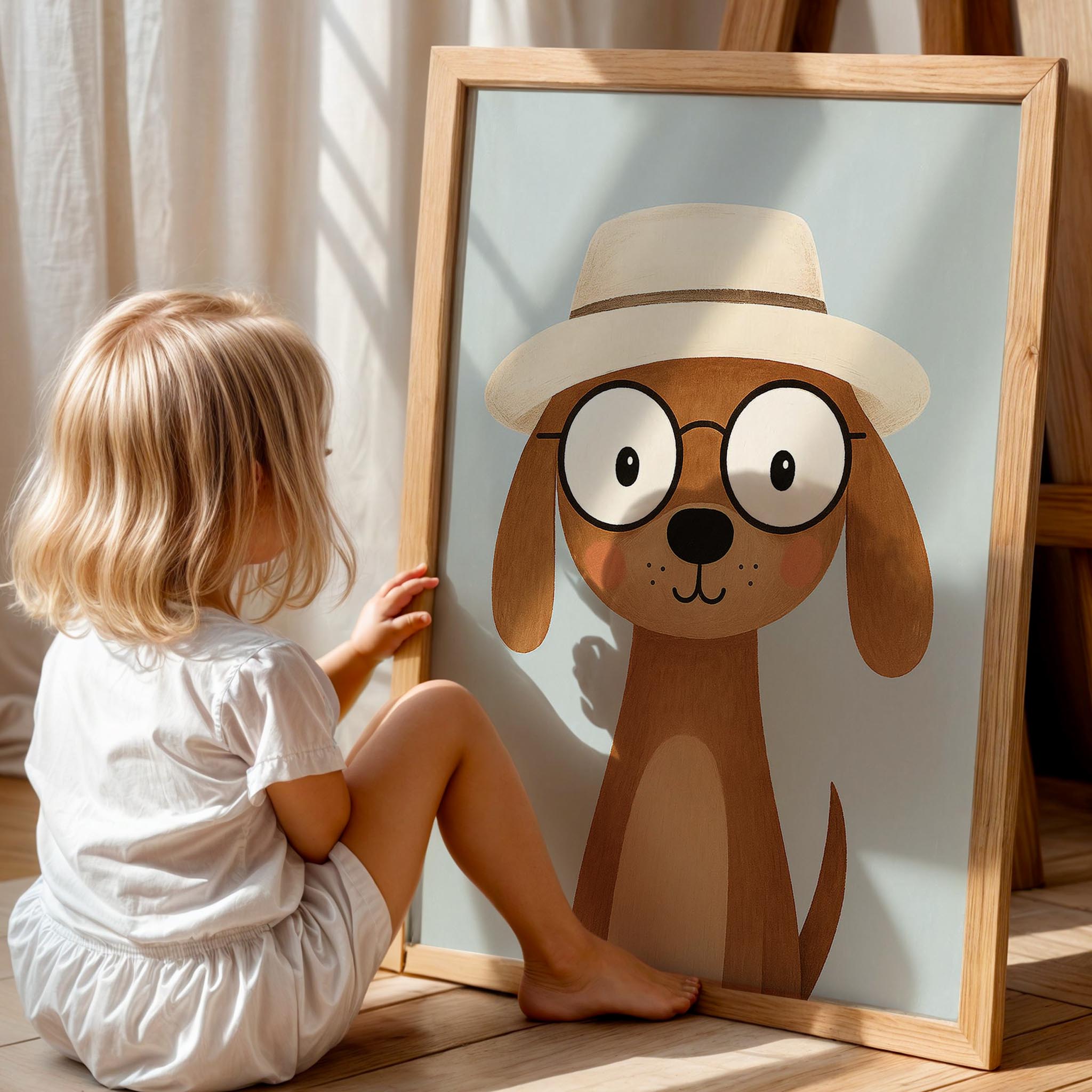 Sevimli Şapkalı Köpek Hayvan Temalı Çocuk Odası Ahşap Tablo