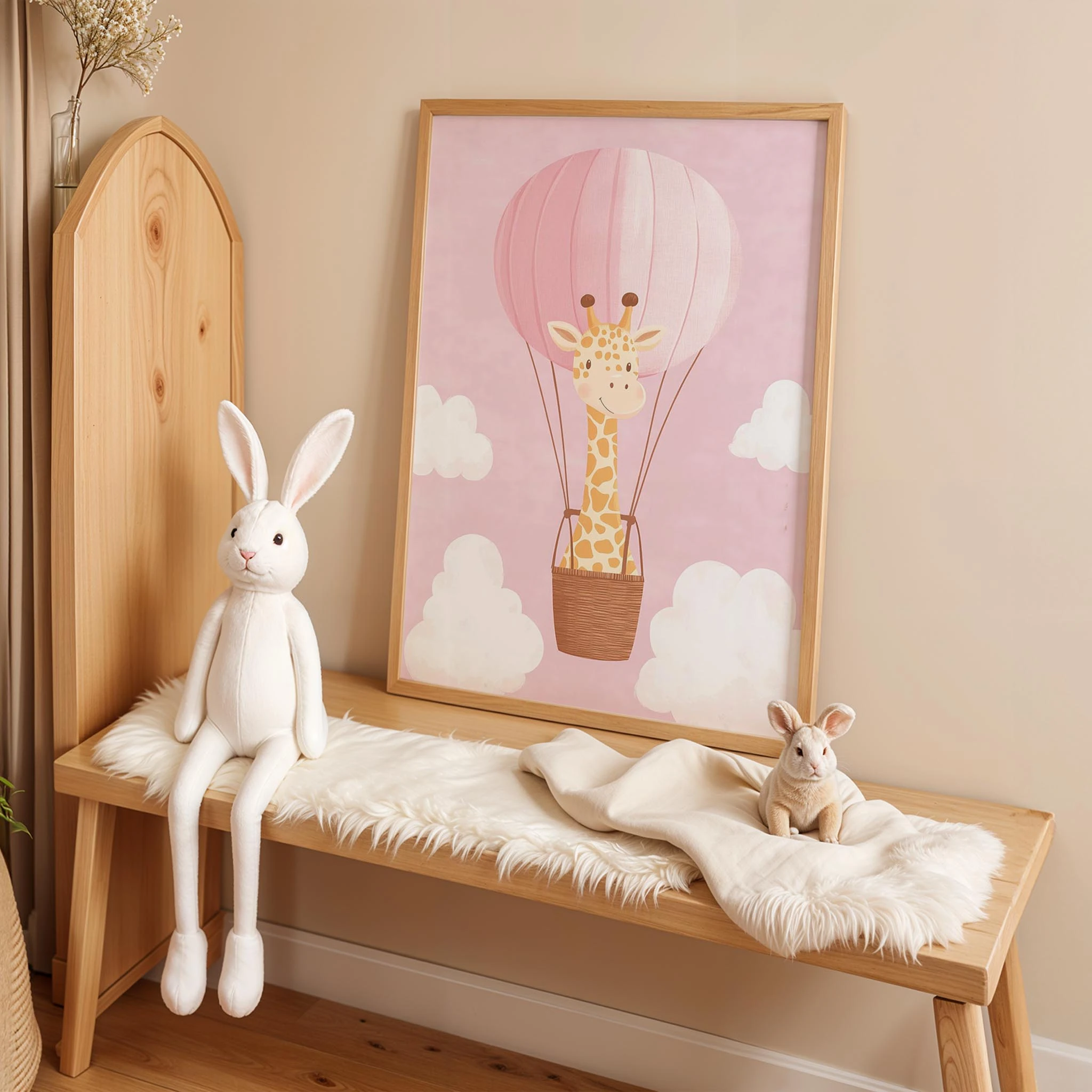 Uçan Balon ve Zürafa - Pembe Fon