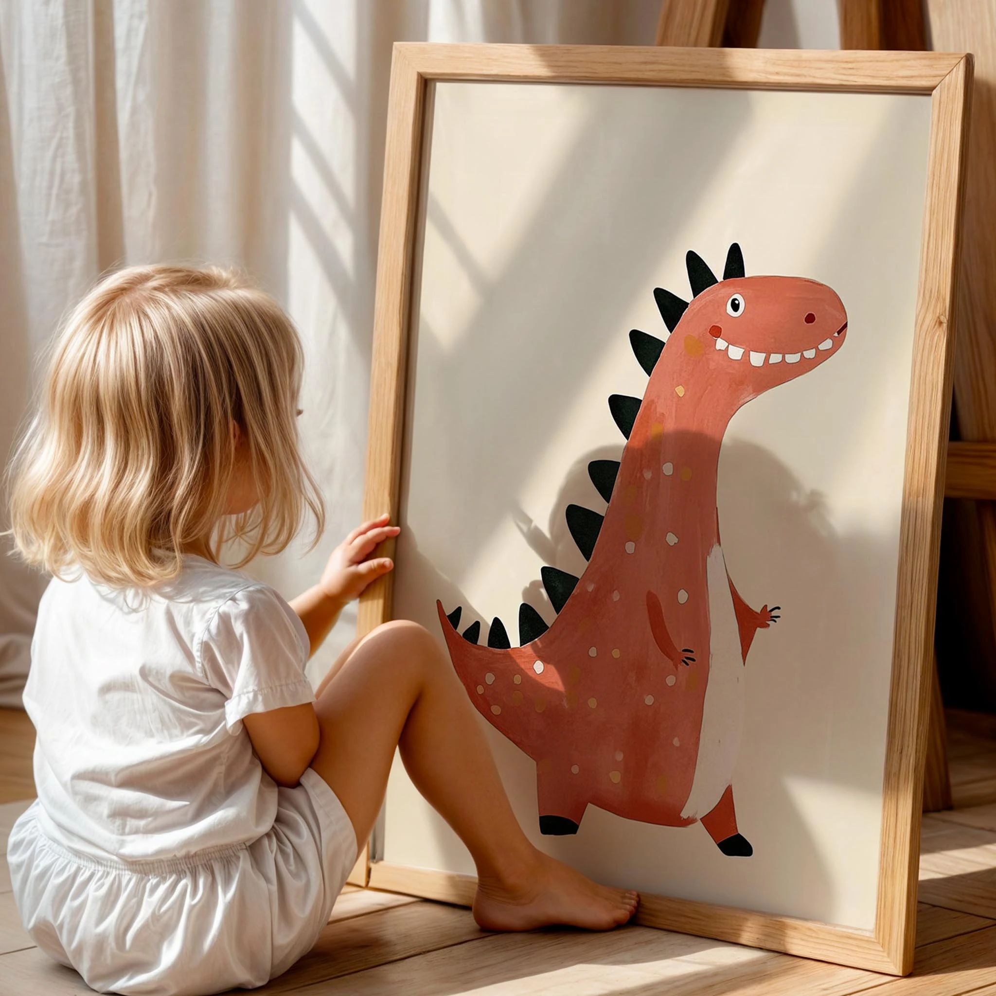 Sevimli Dinozor Temalı Minimal Çocuk Odası Ahşap Tablo
