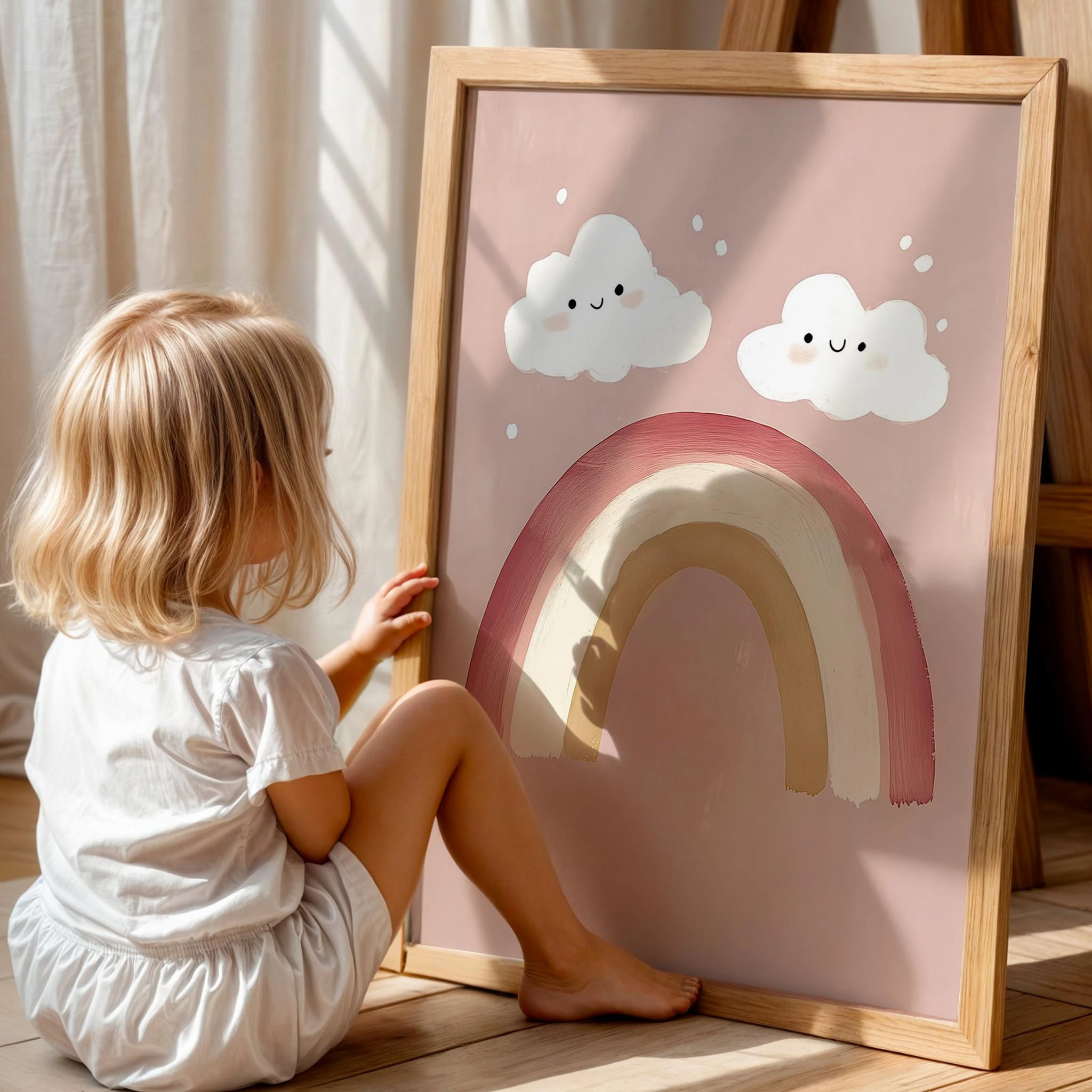 Pembe Fonlu Gökkuşağı ve Bulutlar Kız Çocuk Odası Ahşap Tablo