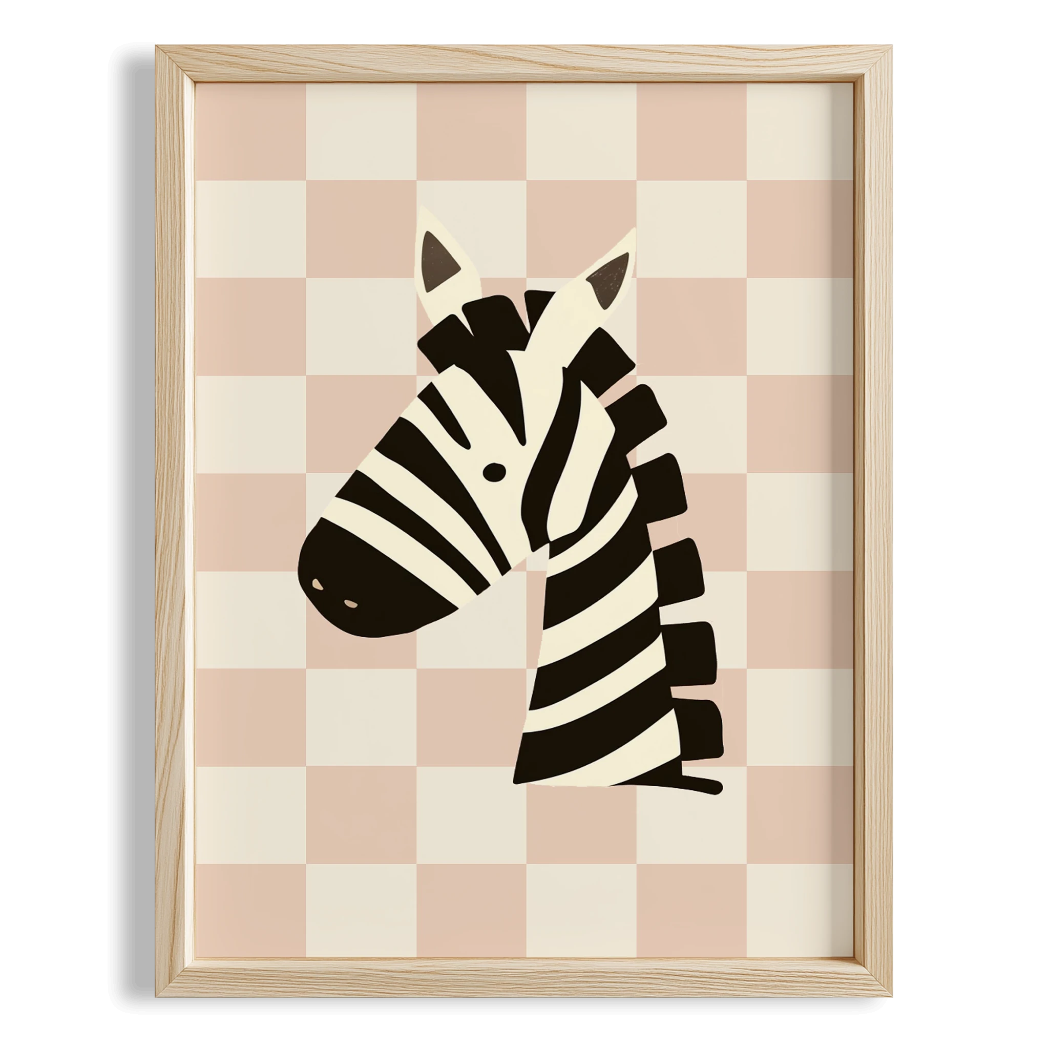 Zebra Sevimli Safari Hayvanları Pembe Kareli Fonlu Çocuk Odası Ahşap Tablo