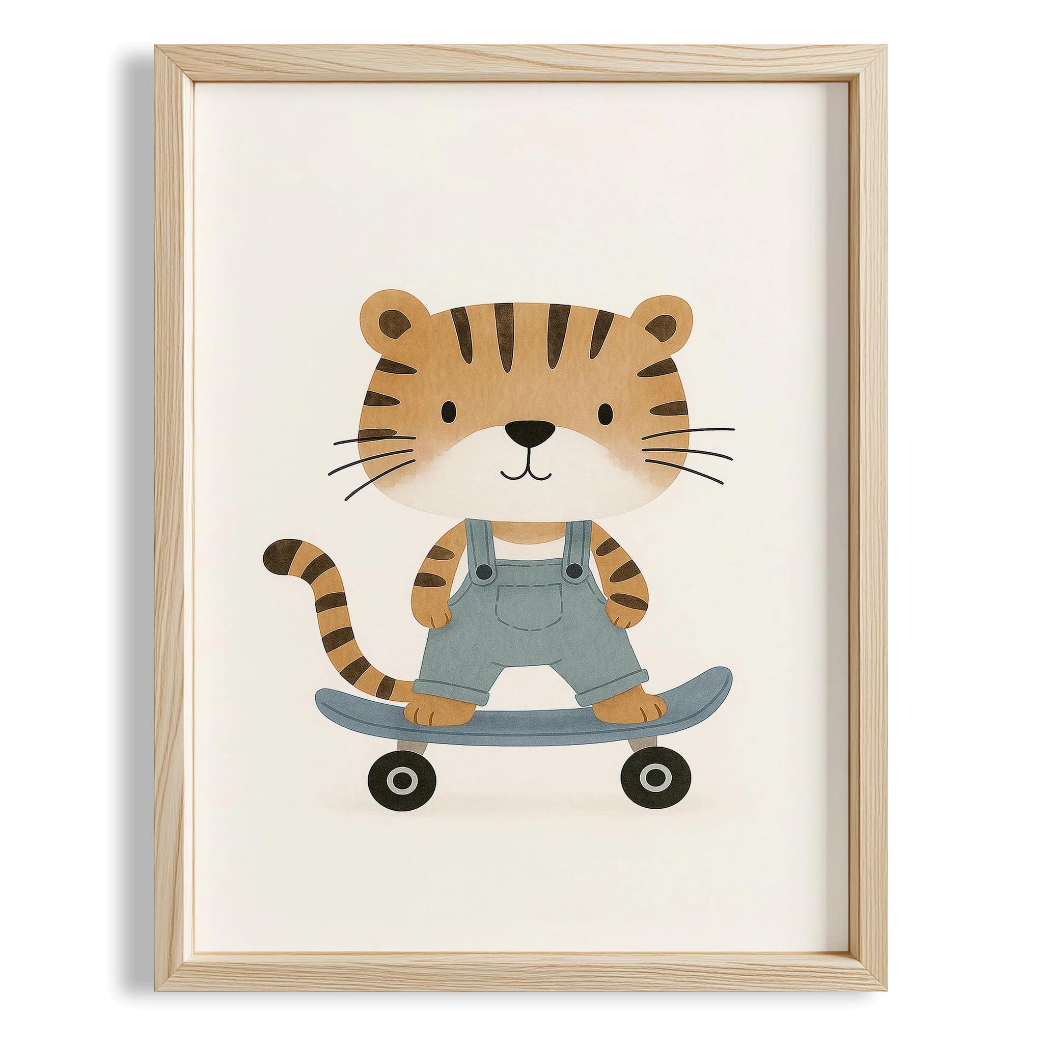 Kaykay Süren Kaplan Minimalist Erkek Çocuk Odası Ahşap Tablo I