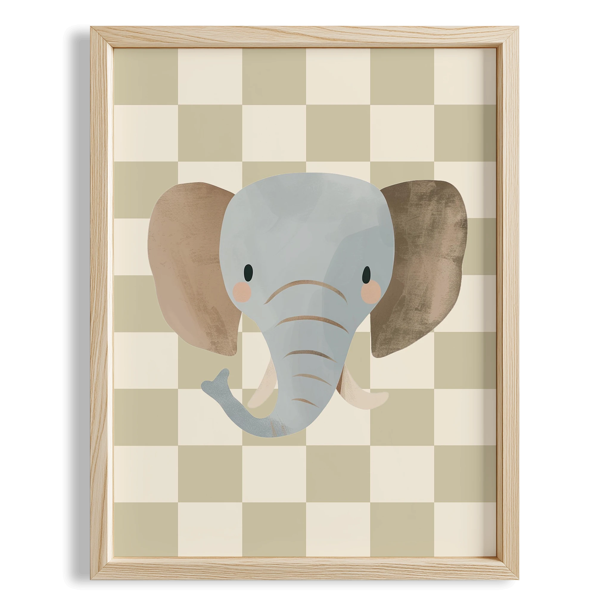 Fil Sevimli Safari Hayvanları Yeşil Kareli Fonlu Çocuk Odası Ahşap Tablo